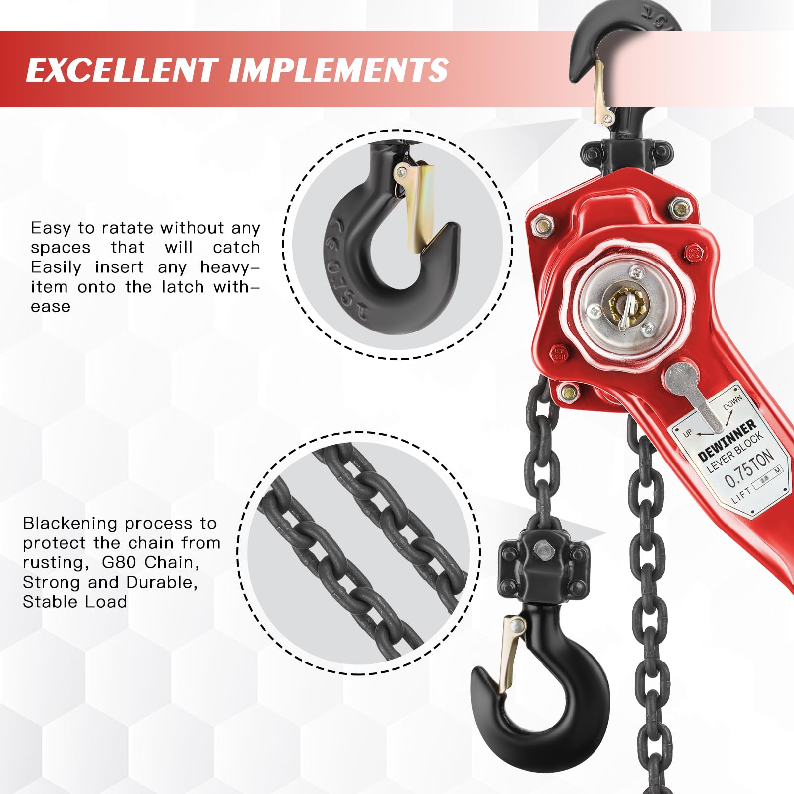 DEWINNER Palan à Levier Manuel 0.75t, Hauteur de Levage 2.8m, Chaîne G80 en Acier au Carbone, Crochet Orientable à 360°
