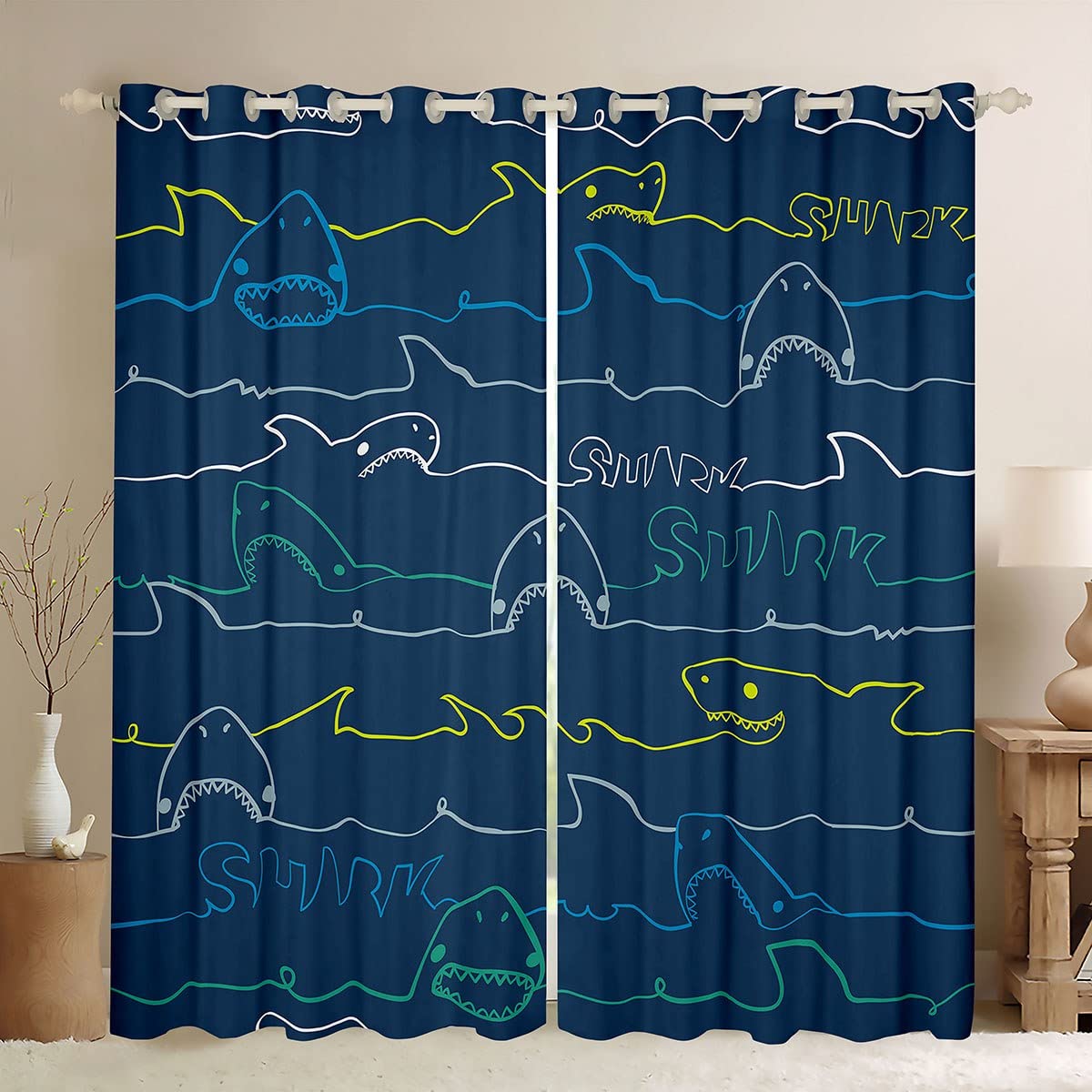 richhome Shark Printed Window Curtains,Sea Animals Curtain,Cartoon Shark Window Drapes for Kid Teens Boys Young Man,Modern Bedroom Decorative,Sharks Lines Curtain,66Wx90L