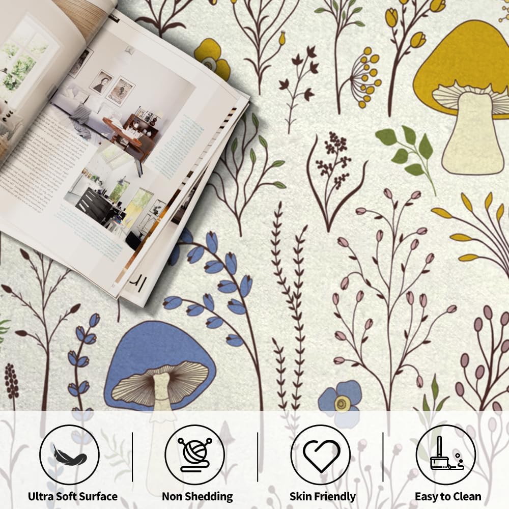 Living Room Rug 4x6 Rug Machine Washable Area Rug Non Slip Mushrooms Large Rug for Living Room, Bedroom, Nursery, Dining Room, Kids Playroom(Beige)