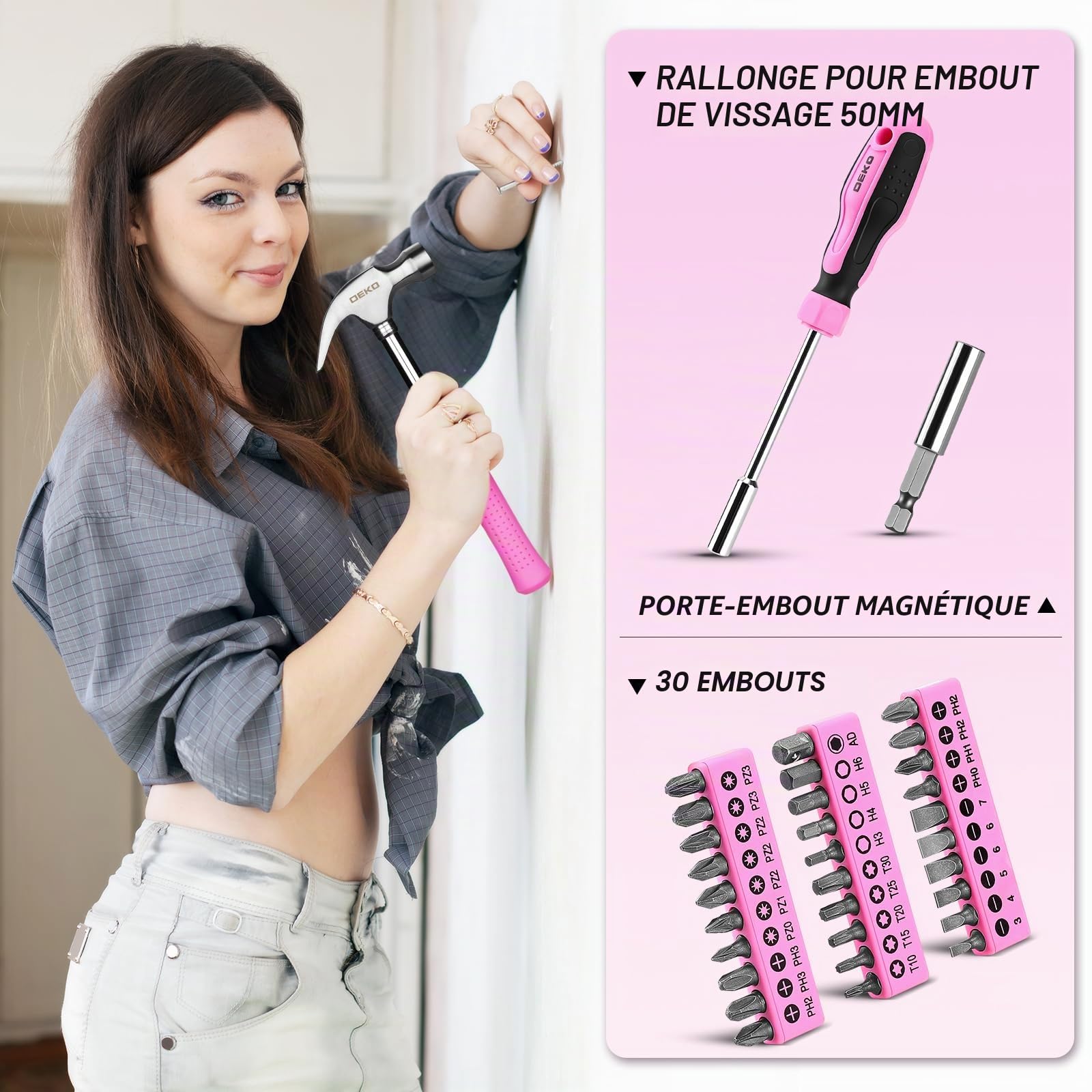 DEKO Boîte à outils complète rose 62 pièces, mallette, boîte à outils bricolage, cadeaux pour femme, maison, bureau et voiture, pour entretien quotidien