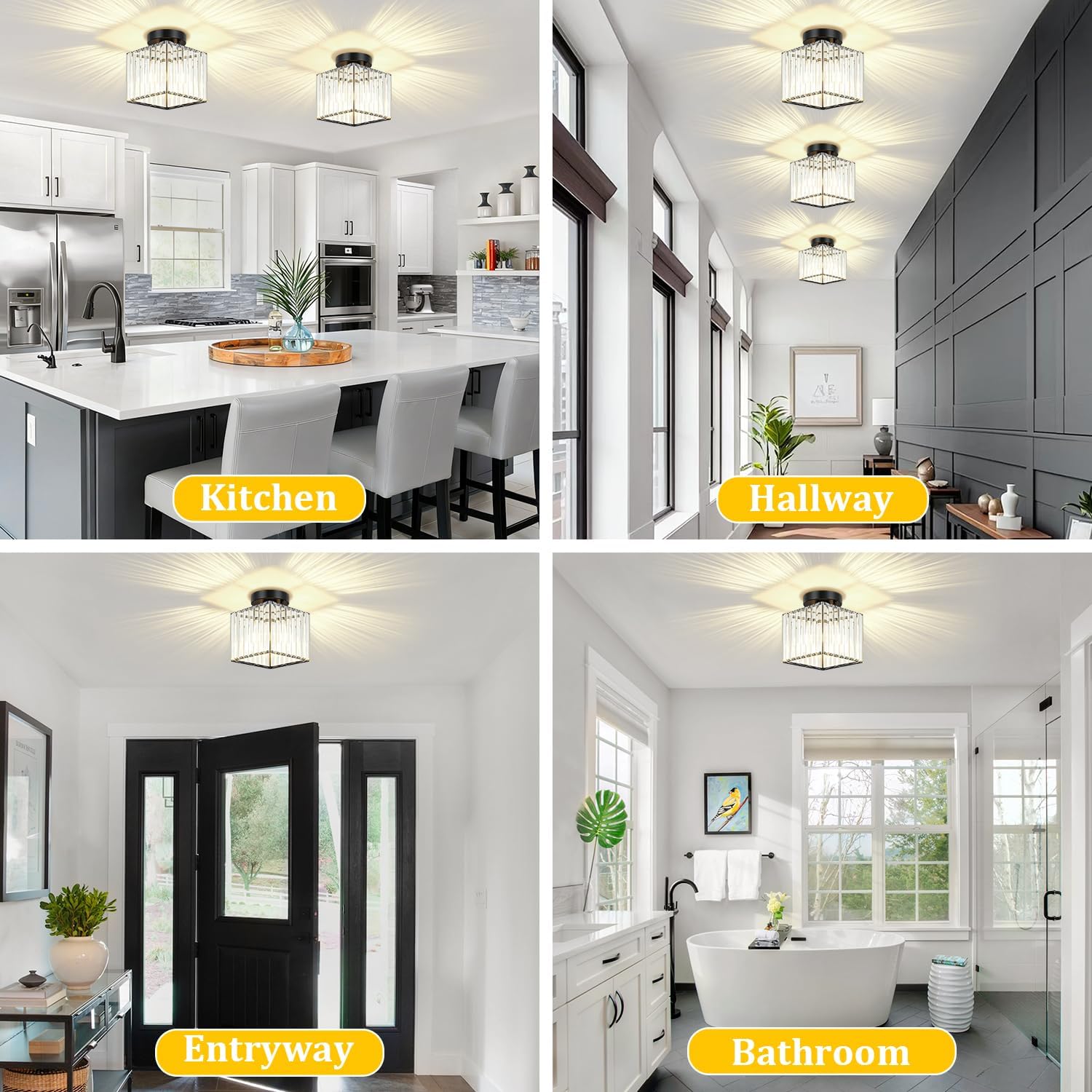 2-Pack Crystal Black Semi Flush Mount Ceiling Light Modern Square Kitchen Lighting Fixtures Ceiling Hallway Light Fixture for Entryway Dining Room Bedroom Bathroom Laundry Room, 7.24Inch