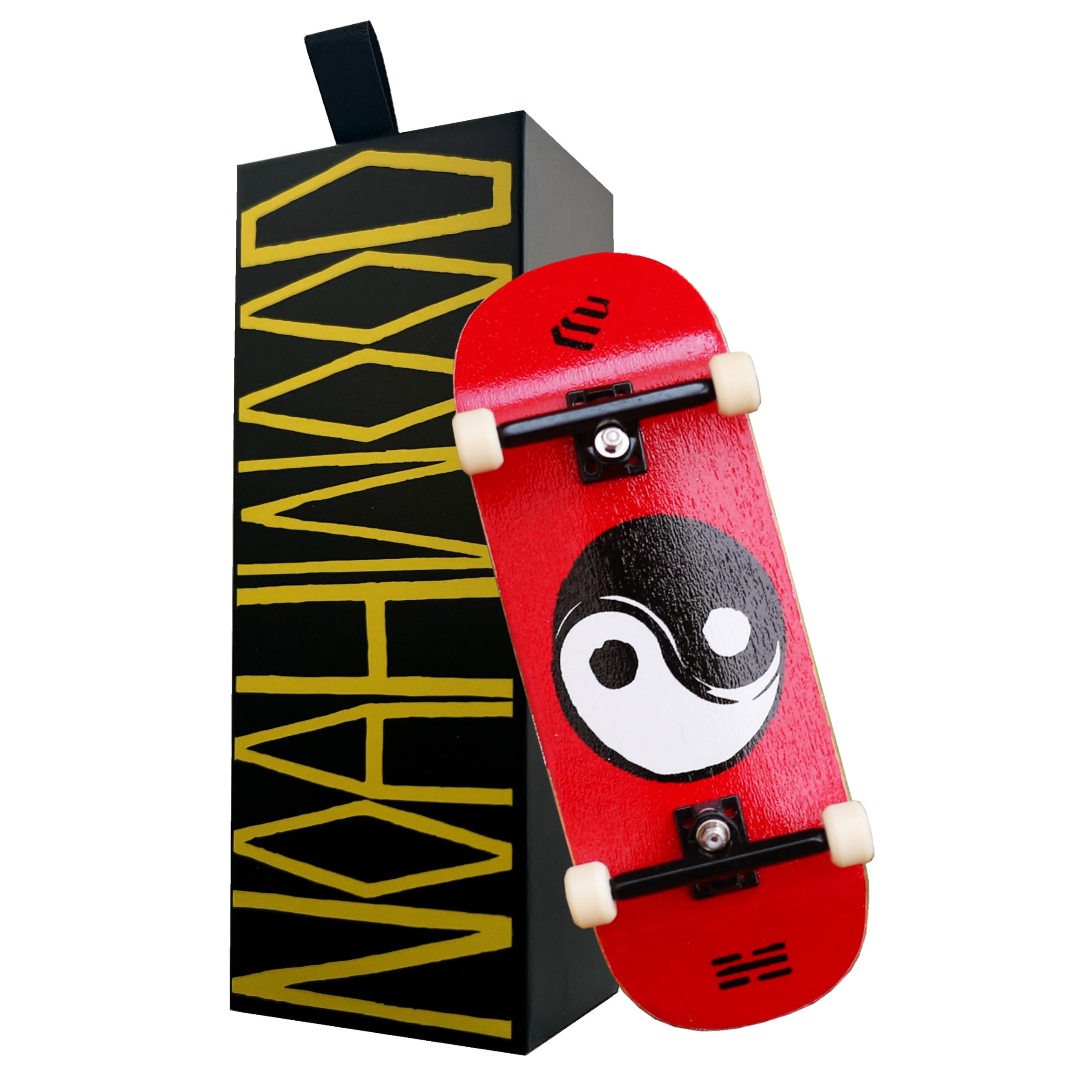 NOAHWOOD NW14.0 Fingerboard Complete (Short Nose Short Tail Deck 98x35.5mm 5-Layer Color Maple Pro concave Design Mini Skateboard Deck) +Pro 36mm Hex Black Truck + Beige ii Wheel Tai Chi Red