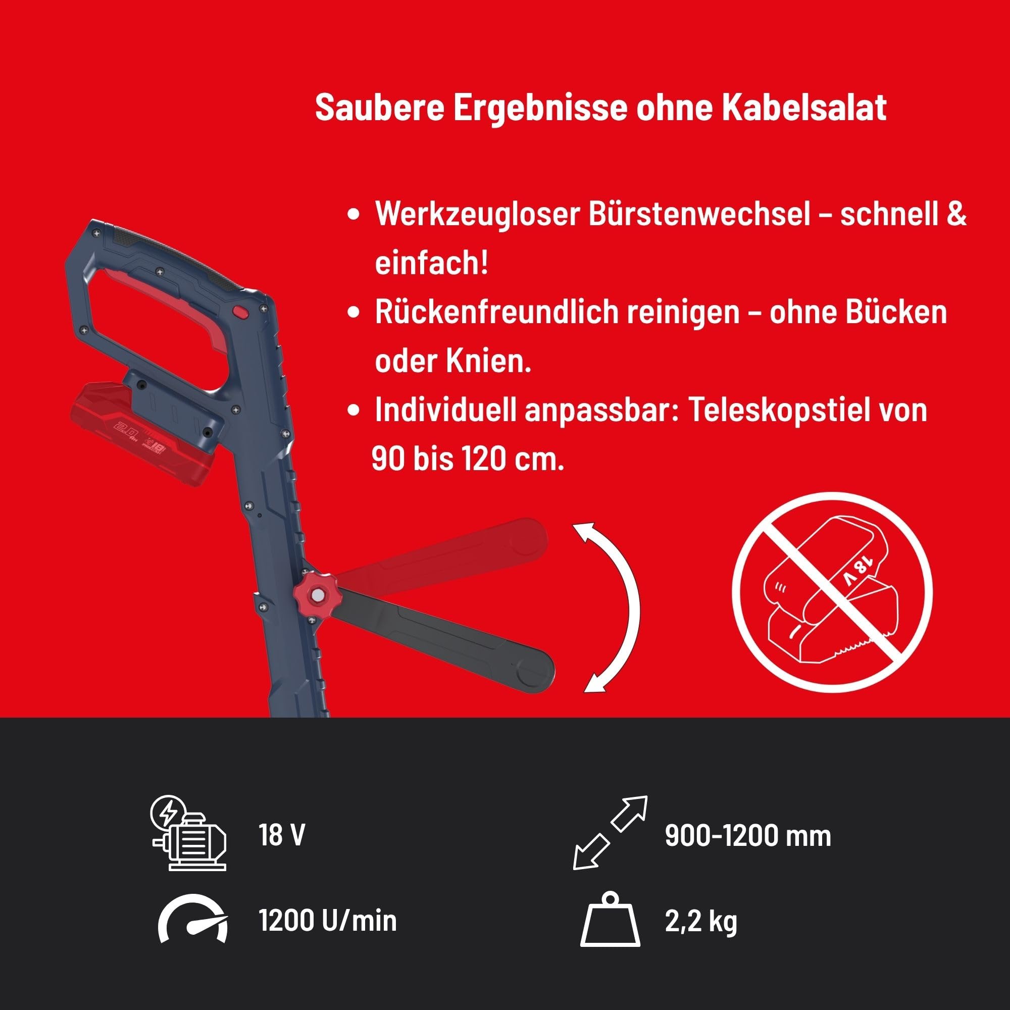 Güde GFR 18-0 Akku-Fugenreiniger - 18 Volt Li-Ion, 1200 Umdrehungen pro Minute, 11 cm Bürstendurchmesser, 82-112 cm Griffhöhe, ohne Akkupack und Ladegerät, inklusive Stahlbürste und Nylonbürste