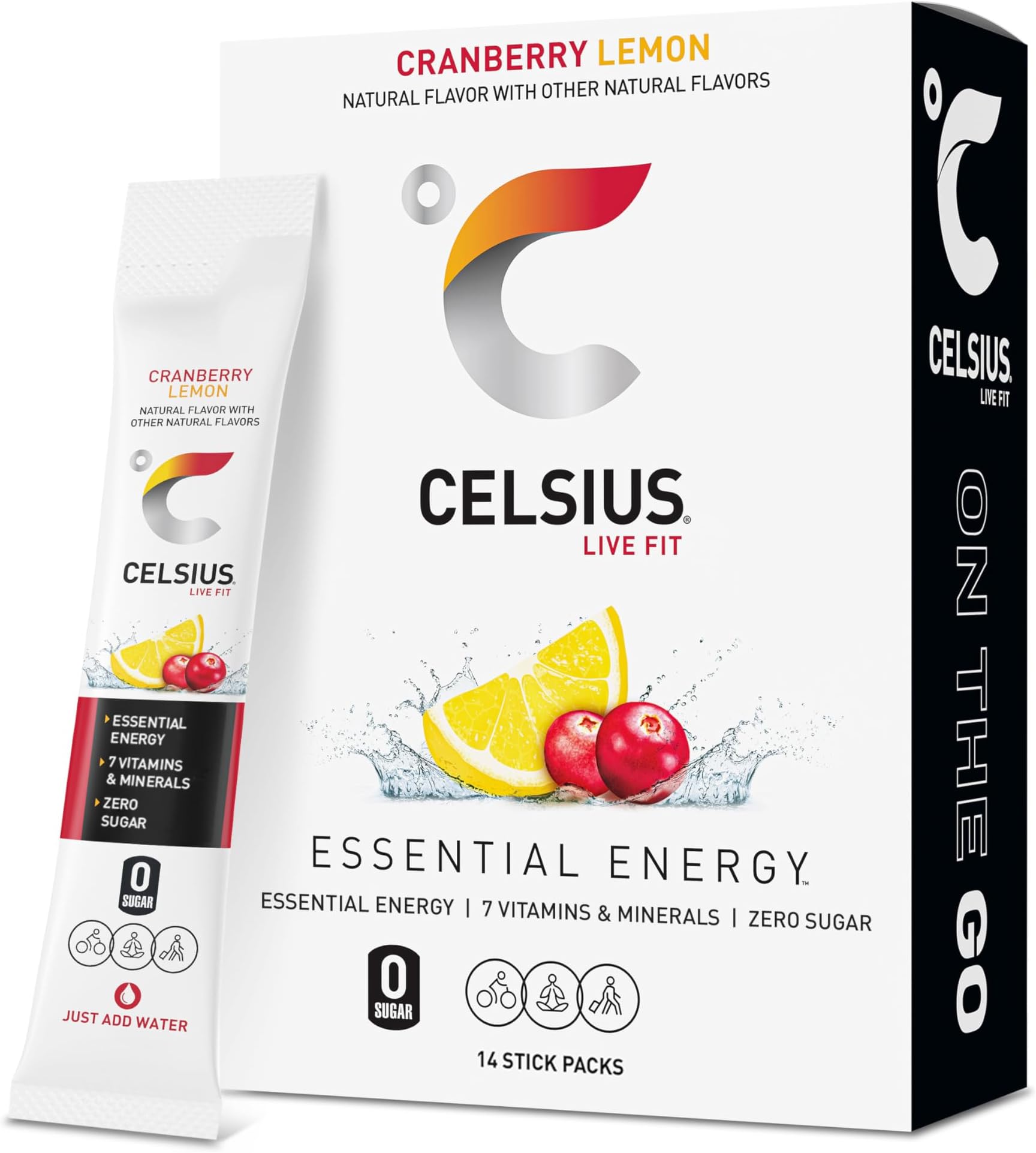 CELSIUS Cranberry Lemon On-The-GO Powder Stick Packs, Zero Sugar (14 Sticks per Pack - 0.18oz Each)