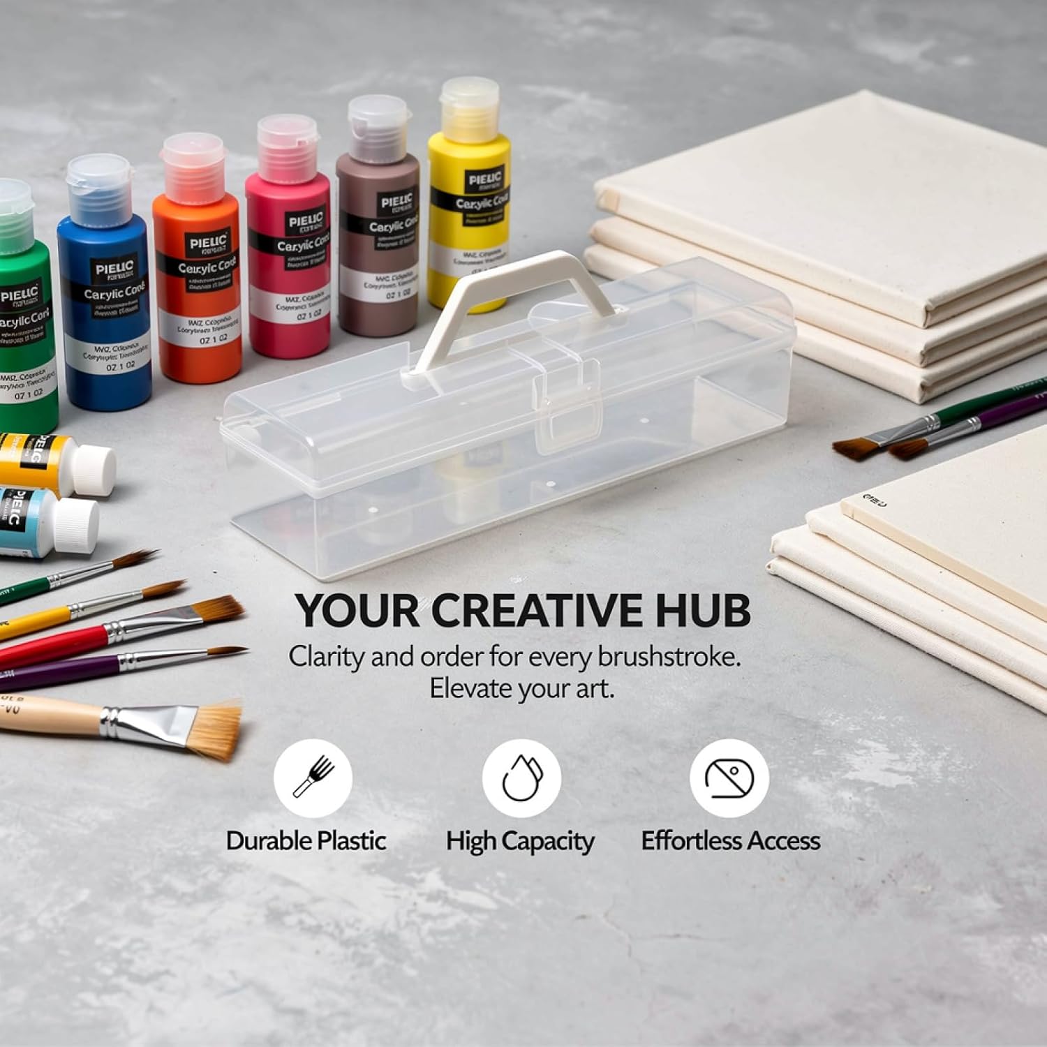 Clear Plastic Art Supply Box, Oversized Portable Craft Art Organizer with Handle, Extended 13.6 in / 34.5 Cm Acrylic Paint Storage Box, Multifunctional Desk Tidy for Markers