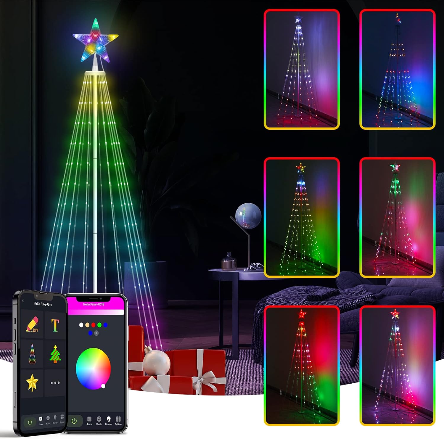 8 FT Christmas Outdoor Prelit Trees,355 LED Christmas Tree Lights with APP Control Remote,RGB Color Changing Christmas Tree for DIY,Music,Dimming,Smart Christmas ConeTree for Outdoor Decorations