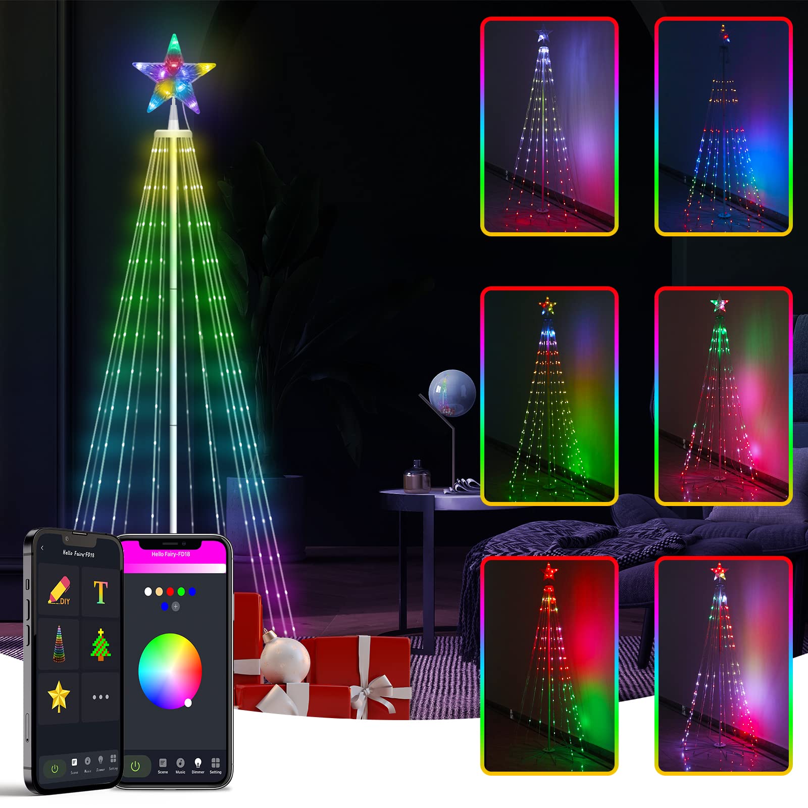 Christmas Tree with Custom Display, Smart APP Controlled DIY 1.8M Cone Light Up Colour Changing 255LEDs, Music Dimmable Star Topper Mains Powered Waterproof for Indoor Outdoor Party Home Decorations โ image 1