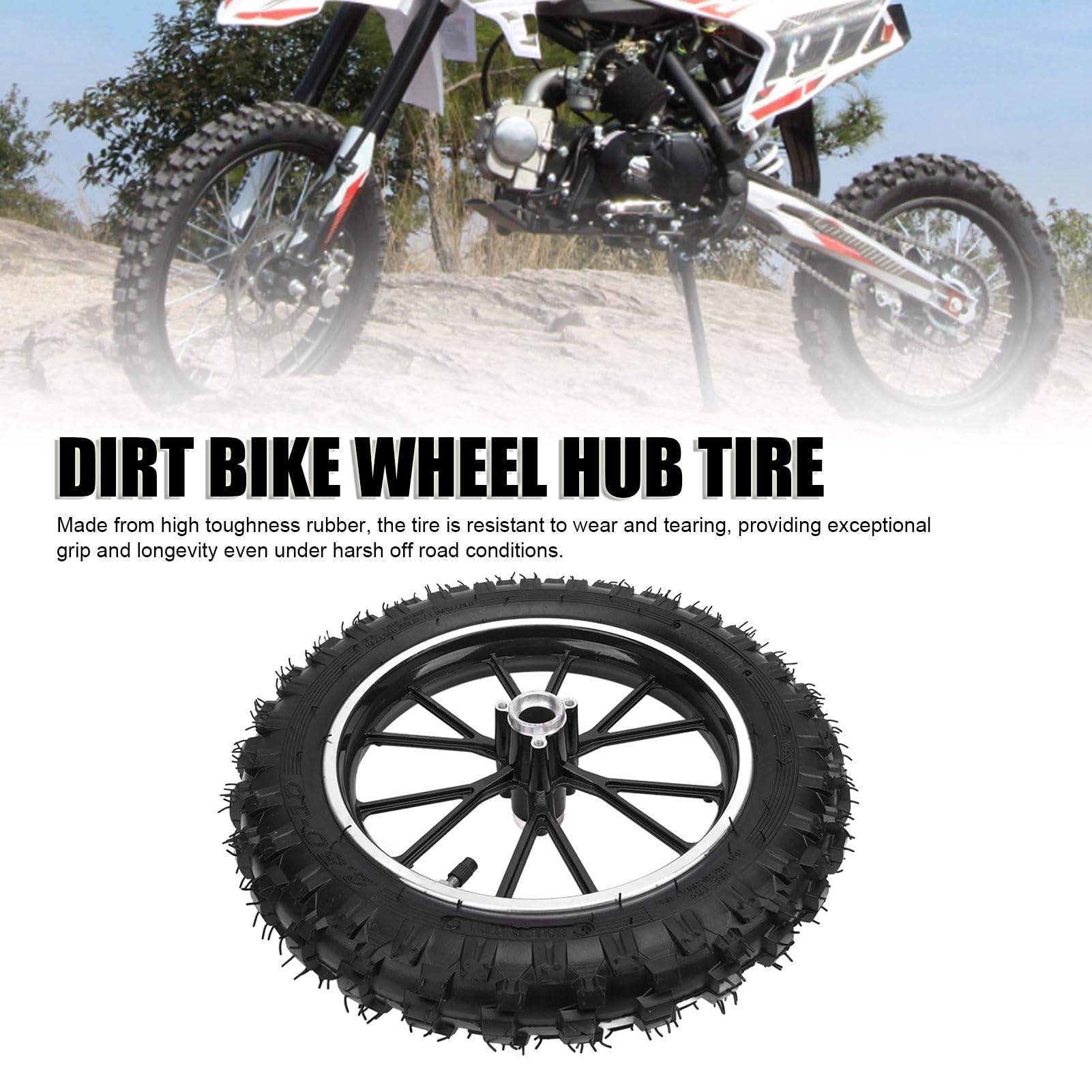 2.5-10 Moyeu de Roue Avant Pneu Moto Dirt Bike Haute ténacité en Caoutchouc à L'usure Cadre Métallique avec Motif de Bande de Roulement optimisé pour Mini Motos Vélos (BLACK)