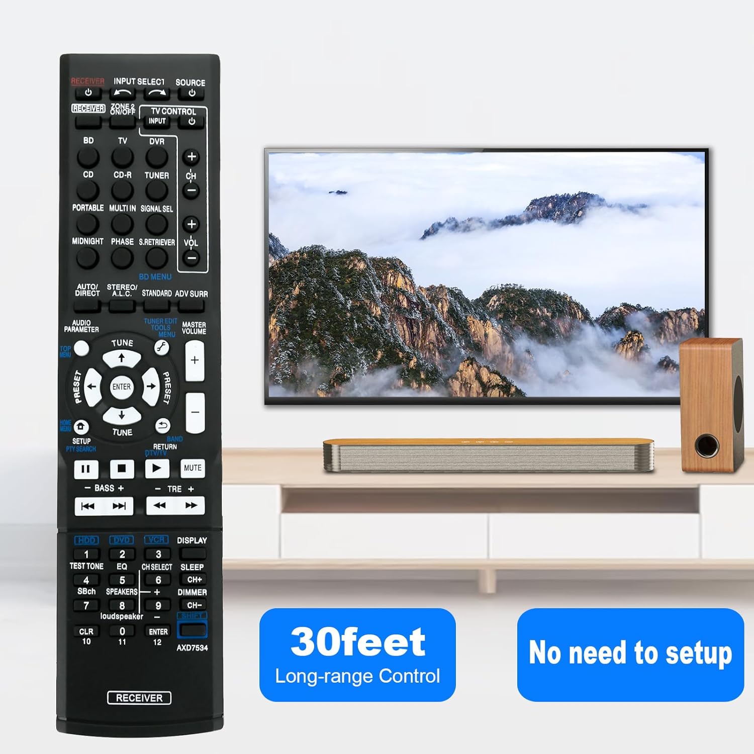 VINABTY AXD7534 remote control next to a television and speaker, with text indicating '30feet Long-range Control' and 'No need to setup'.