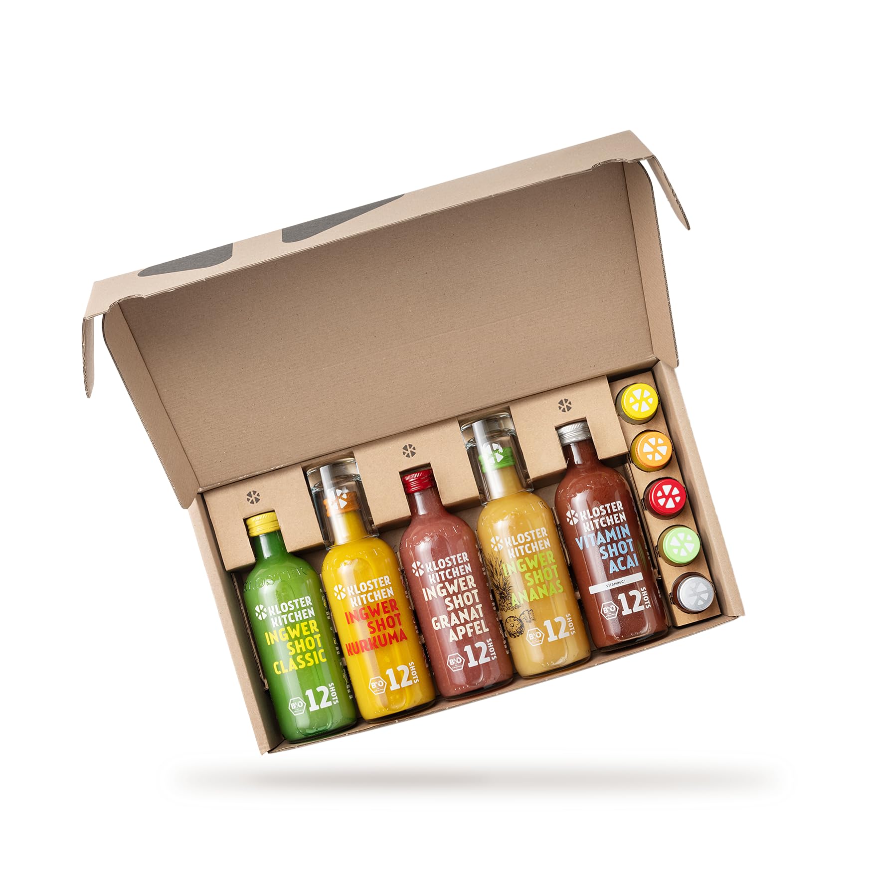 Kloster Kitchen Organic Ginger Shot Tasting Set L I 5 gusti 5x 360 ml + 5x 30 ml I Set regalo Ginger Shot vegan I dolce e piccante & con dolcezza naturale (incl. 1,25€ di deposito)