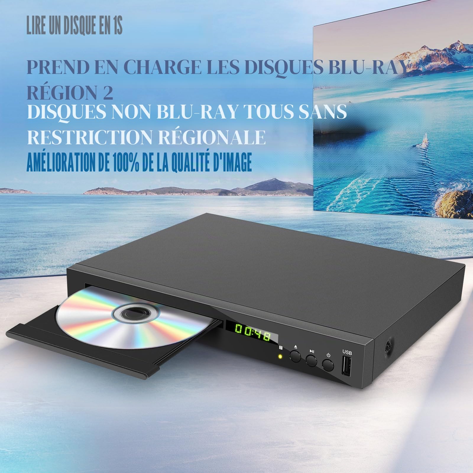 Lecteur Blu-Ray pour Téléviseur (Région 2), Compact Lecteur CD DVD Multizone avec Sortie Coaxiale AV HDMI Entrée USB, Prise en Charge clé USB, Lecture des Disques Blu-Ray de la Région 2