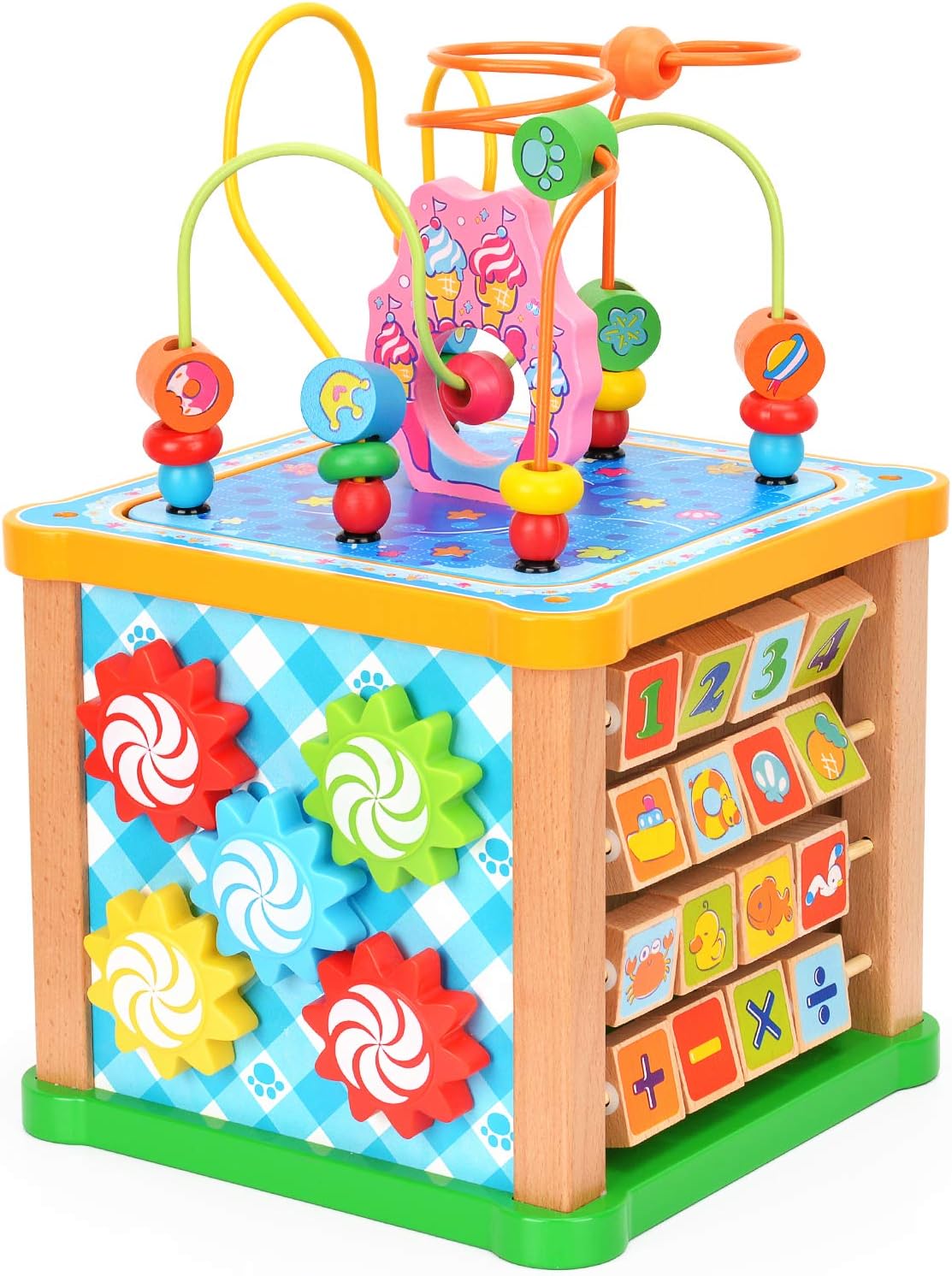 Victostar Activity Cube, 7 in 1 Bead Maze Multipurpose Educational Toy Wood Shape Color Sorter for Kids