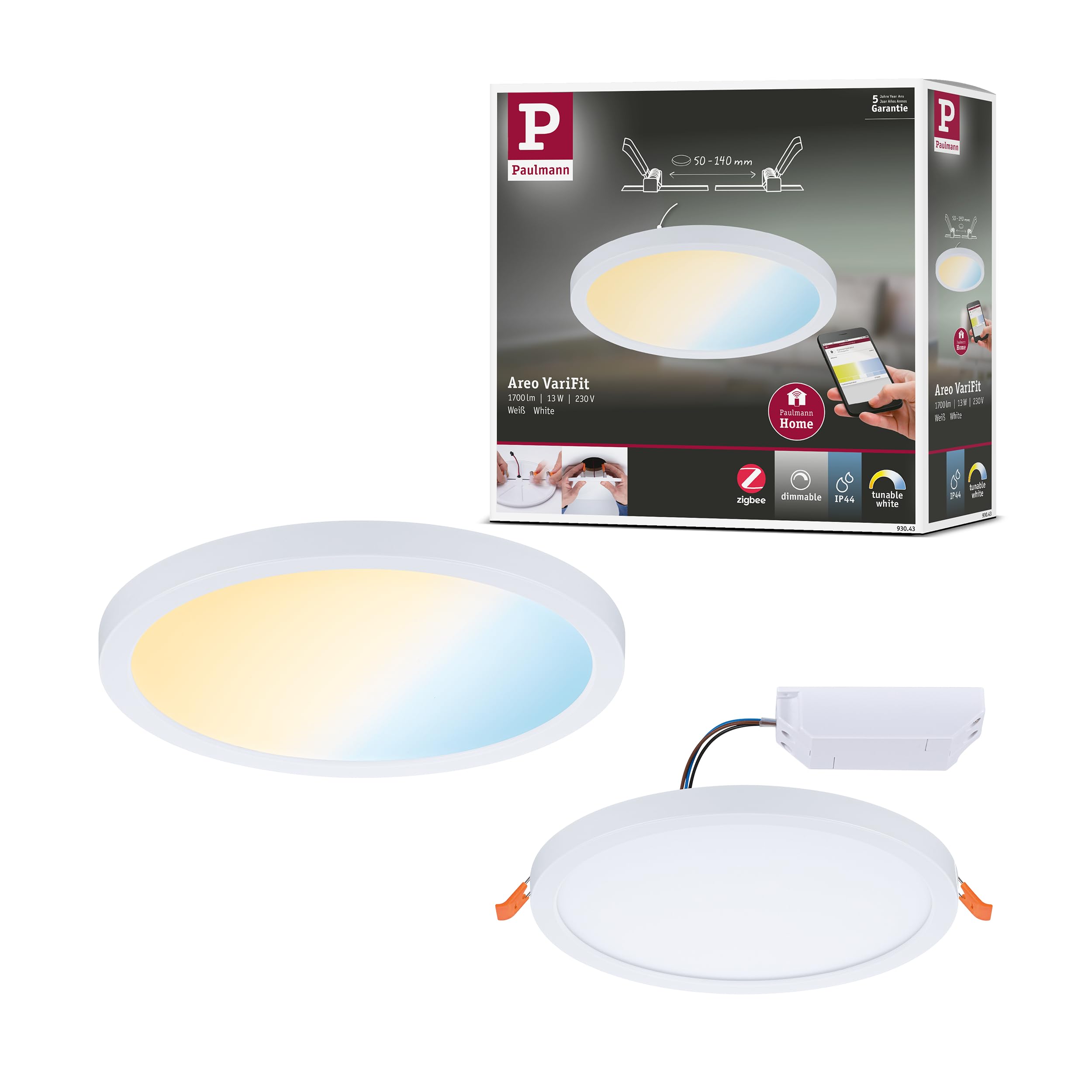 Paulmann 93043 Areo VariFit LED Panel recessed luminaire IP44 Zigbee Tunable White 175mm Round incl. 1x13W dimmable White Ceiling lamp Plastic 3000K