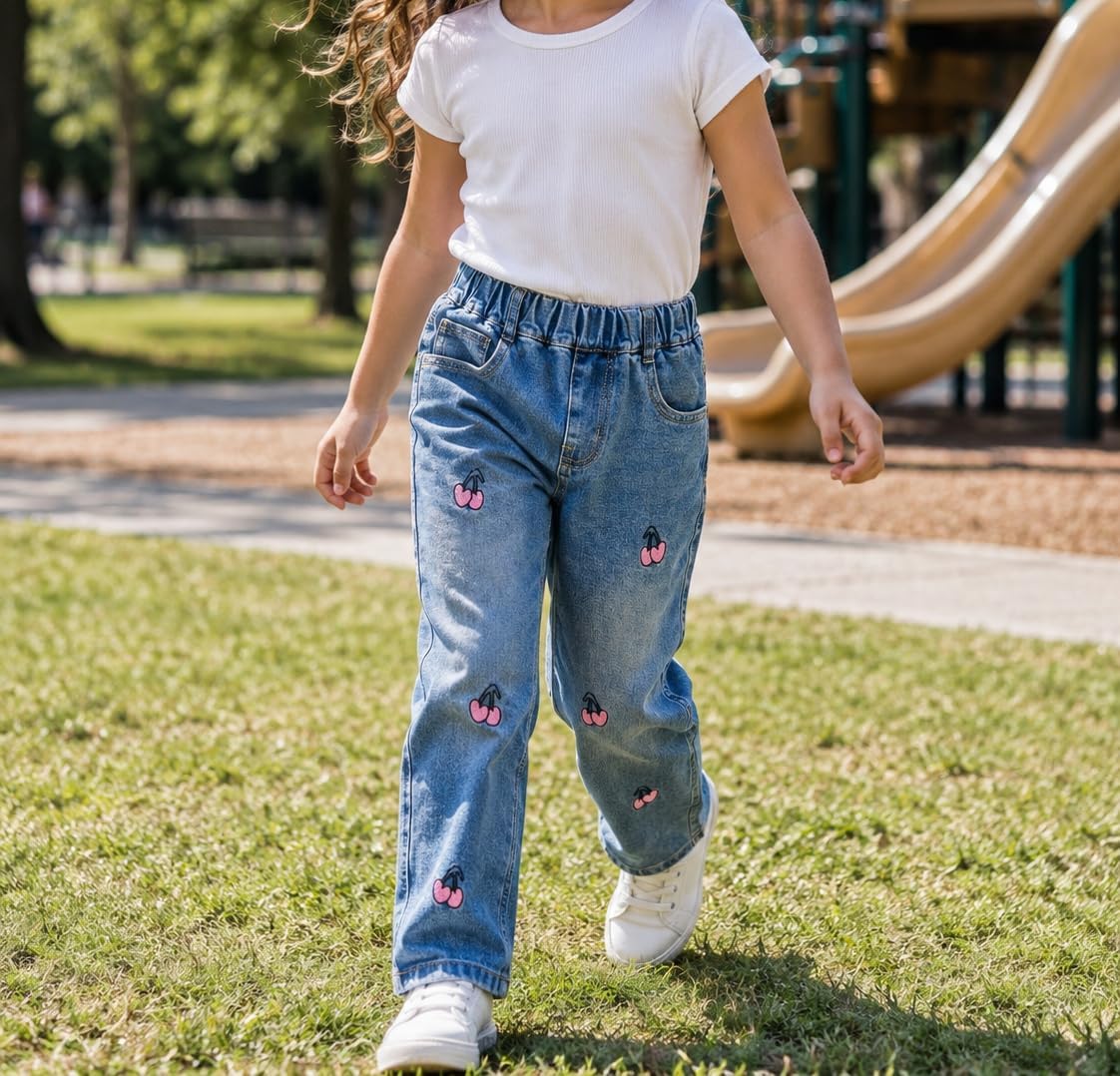 KIDSCOOL Girls Embroidered Jeans,4-15T Ribbed Elastic Waist Denim Pants image 2