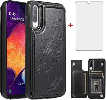 Phone Case for Samsung Galaxy A50 with Tempered Glass Screen Protector and Card Holder Wallet Cover Stand Flip Leather Cell Accessories Glaxay A 50 Gaxaly S50 50A SM A505G Cases Women Men Black