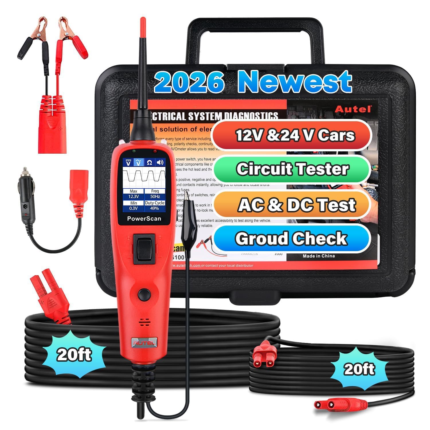 PowerScan PS100 Automotive Circuit Tester 2.0, 12-24V Power Circuit Probe Tool, Auto Electrical Short Open Circuit Finder, AC/DC/Resistance/Component/Signal/Test Tool, w 20ft Extension Cable