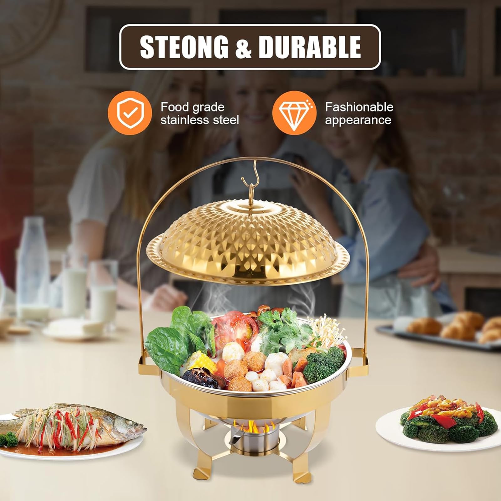 Scaldavivande rotondo in acciaio inox, con gancio, ideale per catering, buffet e feste
