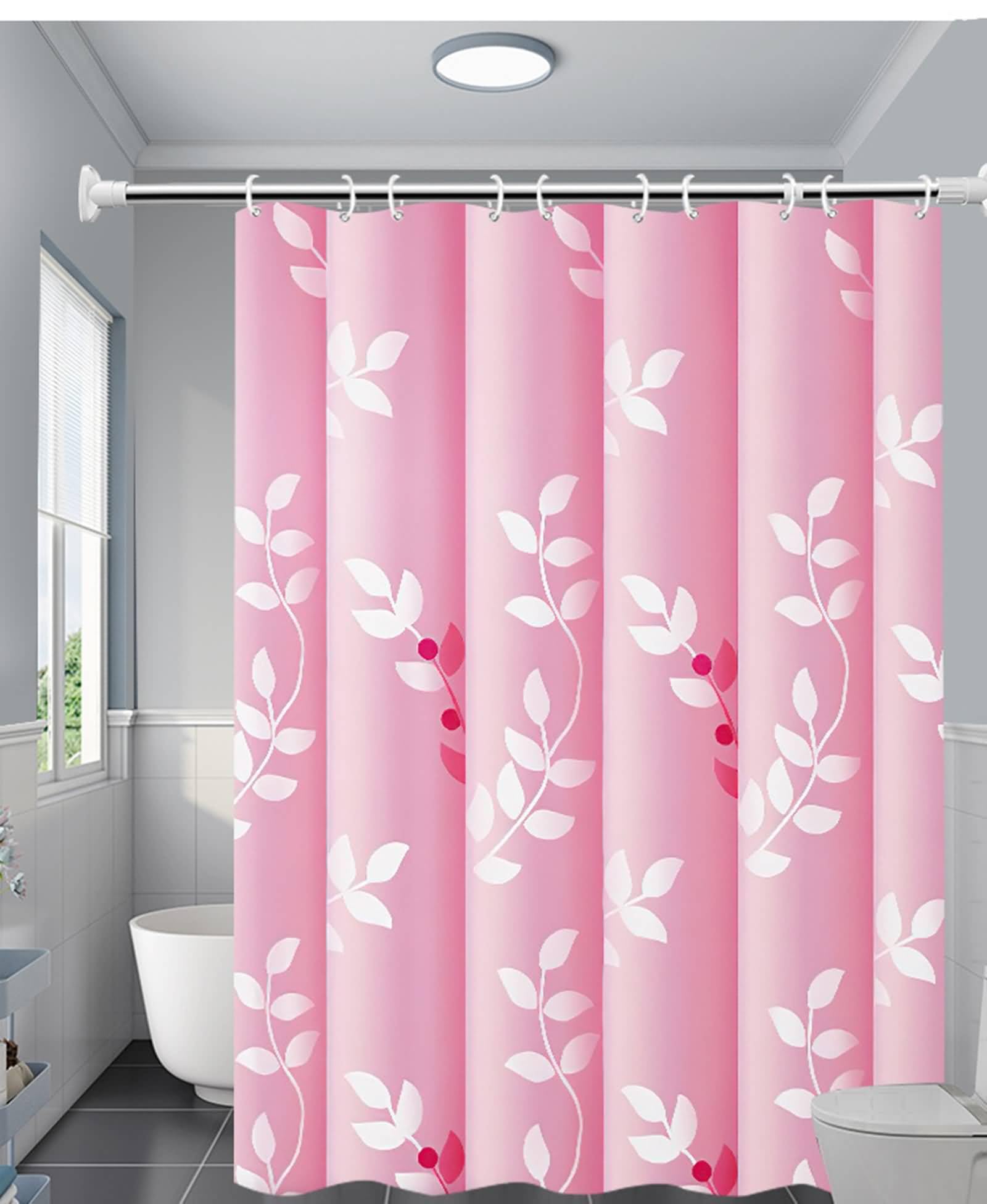 Zasłona prysznicowa z tkaniny, poliester różowy wzór liścia na różowym tle zasłona prysznicowa do łazienki, 240 x 200 cm