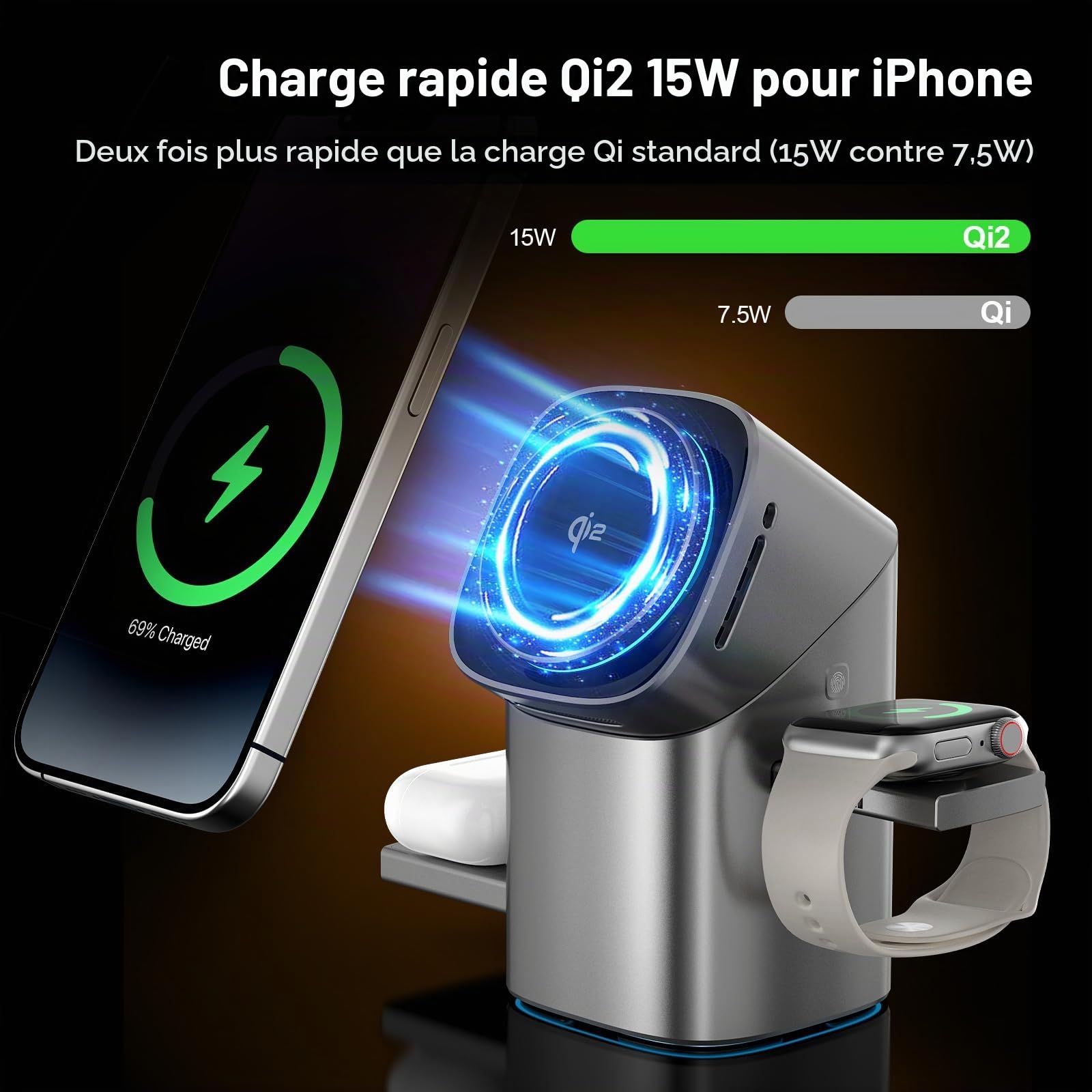 Station de Charge à Induction 3-en-1 QI2, Charge sans Fil, Prend en Charge la Charge Rapide, Support de téléphone Compatible avec iPhone, AirPods, iWatch, avec Ventilateur de Refroidissement Argent