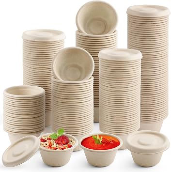 200 Pack Biodegradable Condiment Cups with Lids,2 oz Disposable Portion Cups,Natural Bagasse Fiber Souffle Cups,Biodegradable Sample Cups,Small Sauce Cup for Dips,Jams,Ketchup