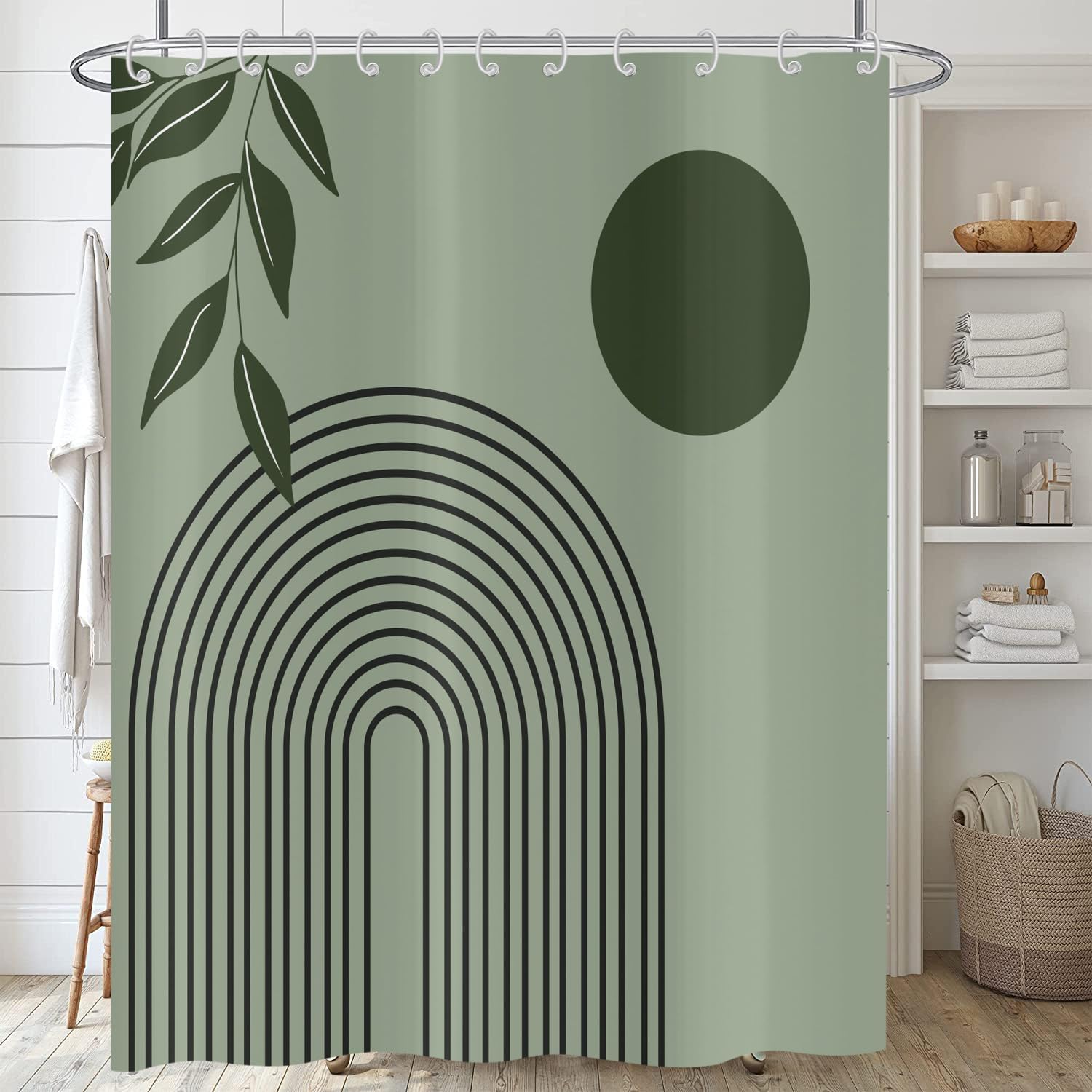 Tenda da doccia verde salvia 220 x 200 cm (L x A) Stile moderno di metà secolo, motivo a foglie e linee di sole, lavabile, in tessuto impermeabile, con ganci per bagno e vasca