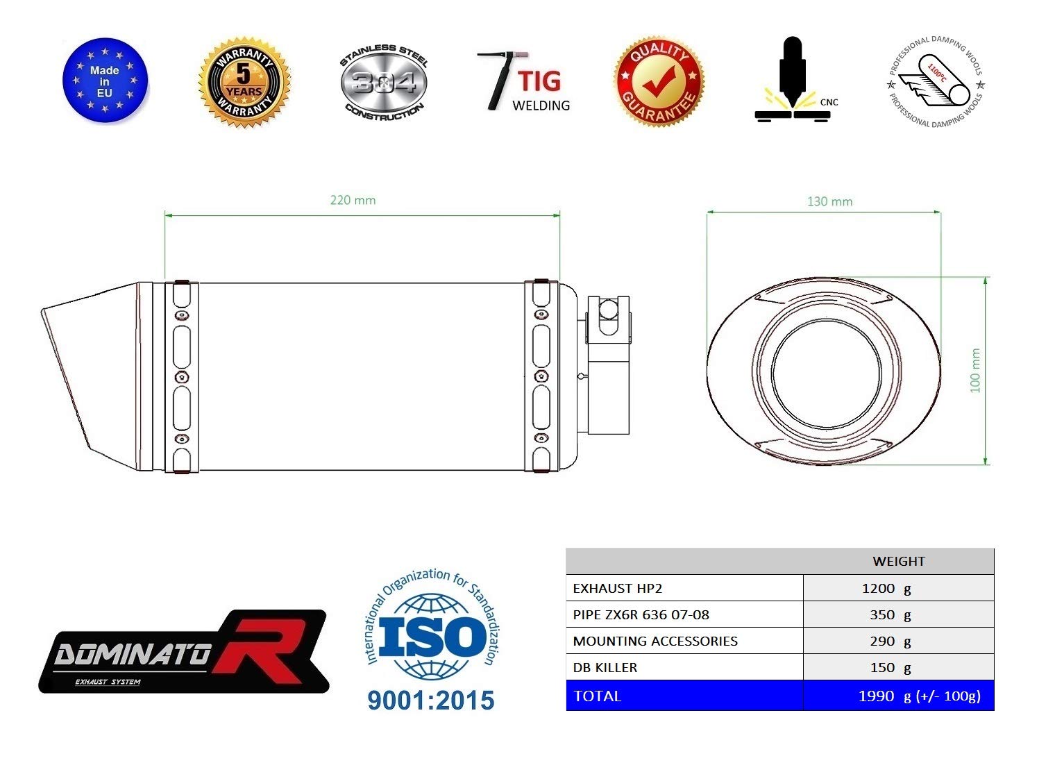 DOMINATOR Silenciador Escape HP2 compatible con ZX6R 636 2007-2008