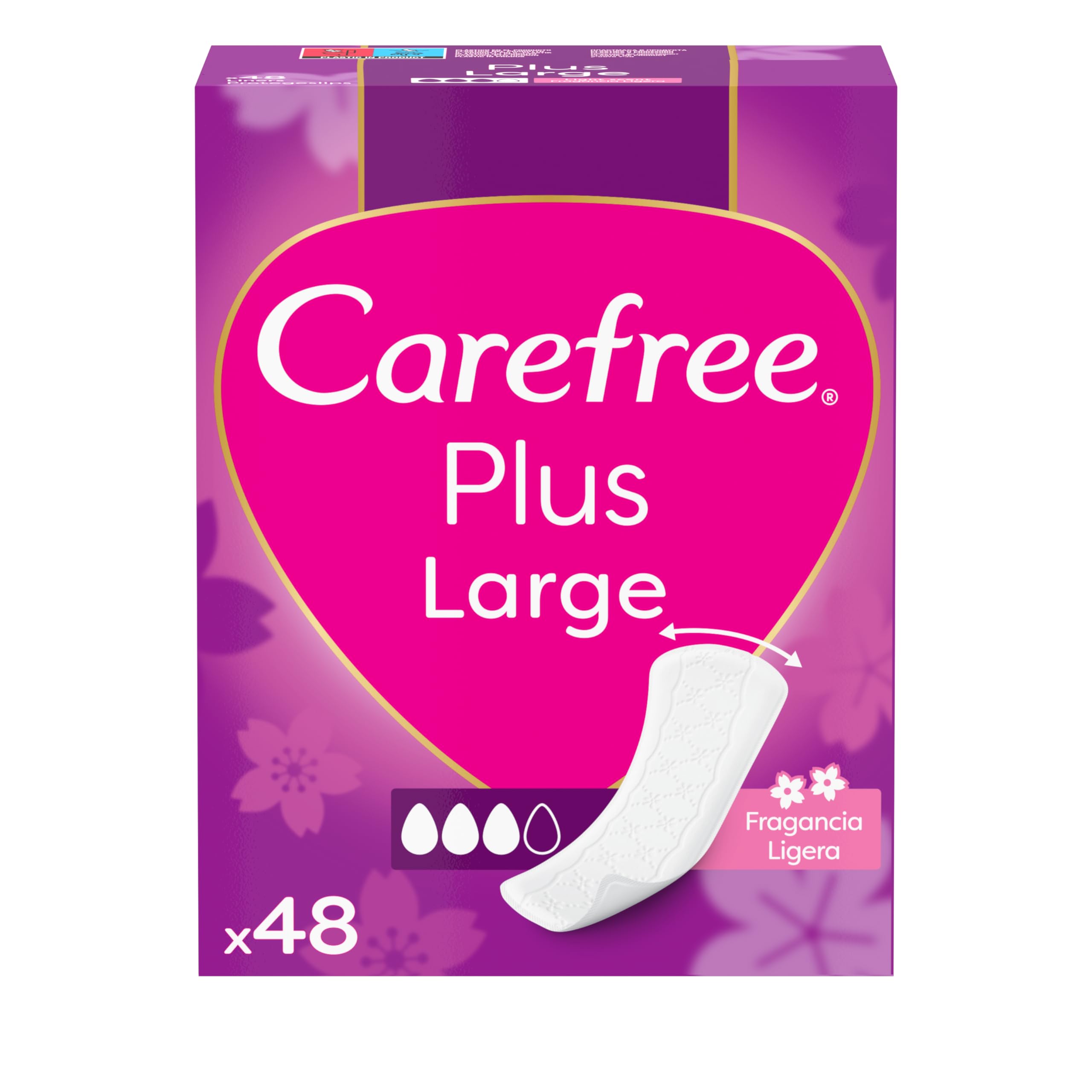 Carefree Plus Large de Fragancia Ligera Protegeslips (48 unidades), protege slips absorbentes y transpirables de uso diario, protectores extra largos con protección contra el mal olor