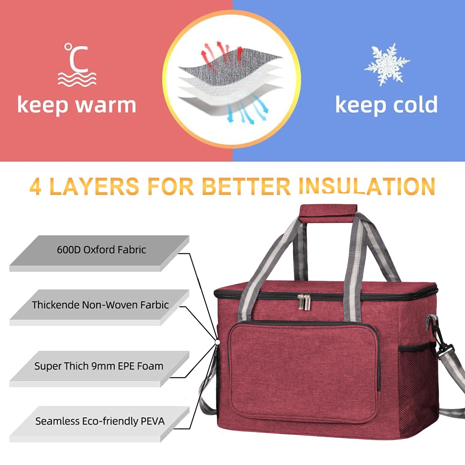 iknoe Bolsa térmica grande plegable para 24 latas, bolsa térmica a prueba de fugas con múltiples bolsillos para adultos, lonchera aislada para playa, picnic, trabajo