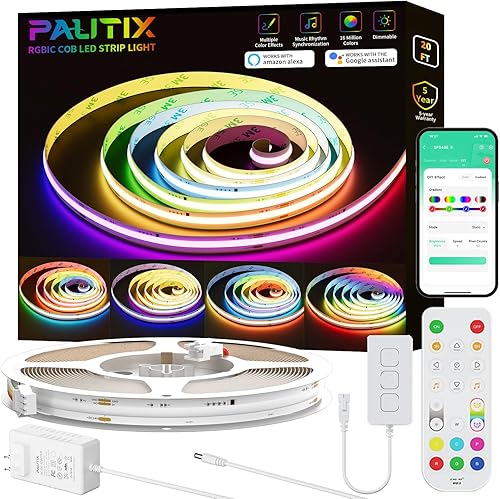 PAUTIX Tira de luces LED RGB Smart IC COB, funciona con AlexaGoogle Assistant, 20 pies20.0 ft direccionable con certificación UL de 24 V, cinta de