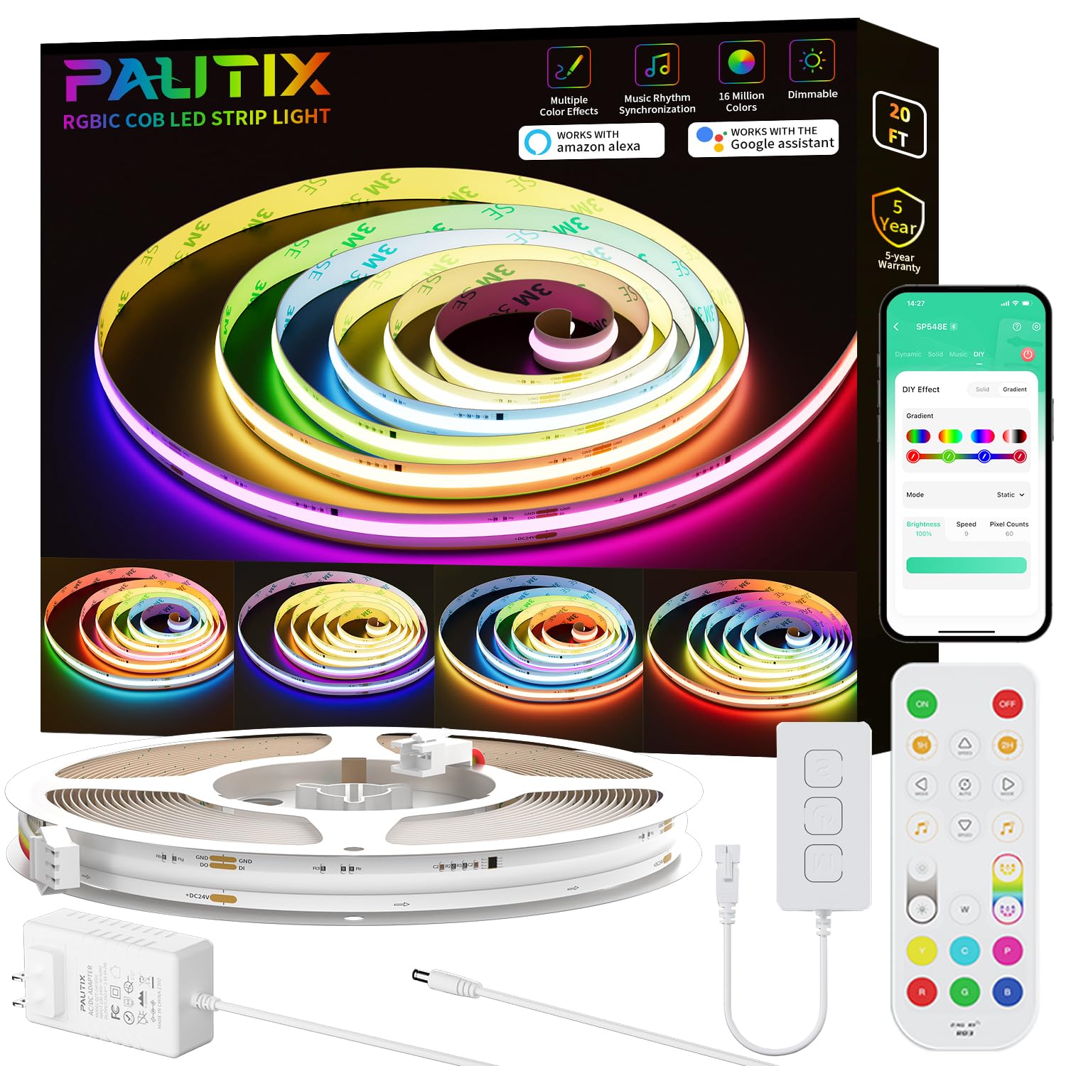 Amazon.com: PAUTIX RGB Smart IC COB LED Strip Lights,Work with