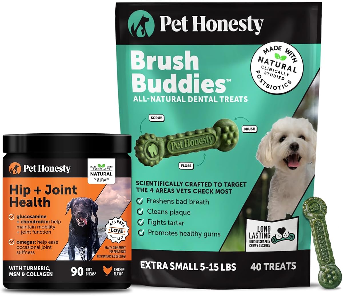 Honestidad para mascotas Paquete virtual de bienestar para perros – Masticables blandos para la salud de la cadera y las articulaciones (pollo, 90 Ct) + palillos dentales Brush Buddies para perros extra pequeños (40 Ct) – Movilidad y apoyo dental