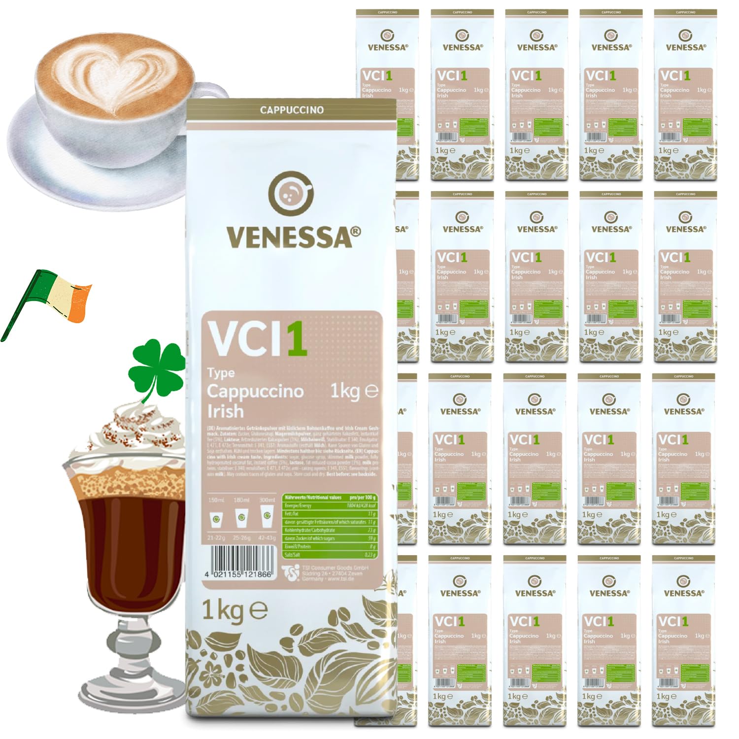 VENESSA Cappuccino Irish VCI1 Confezione risparmio 20 x 1 kg – Caffè istantaneo automatico con crema irlandese, perfetto per la gastronomia e la vendita