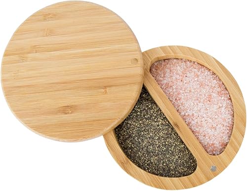 Dúo de bambú de 2 compartimentos; el juego incluye sal y pimienta rosa del Himalaya