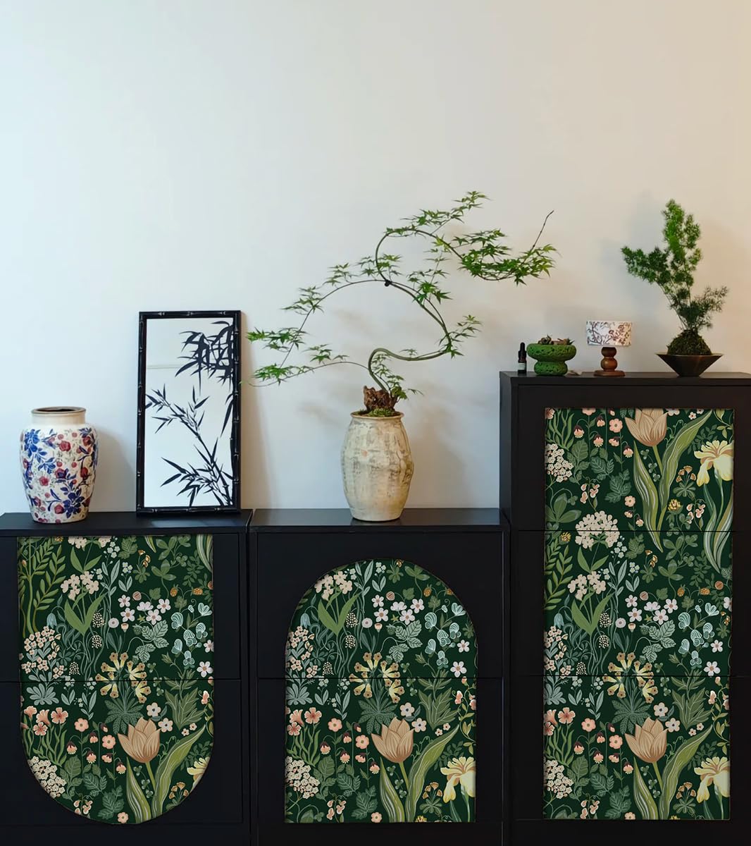 LiKiLiKi Samoprzylepna tapeta w kwiaty, 44 x 1000 cm, zielona, tapeta kwiatowa, retro, kwiaty, liście, tapeta z motywem, folia samoprzylepna, tapeta ścienna, wodoszczelna folia do mebli, do sypialni,