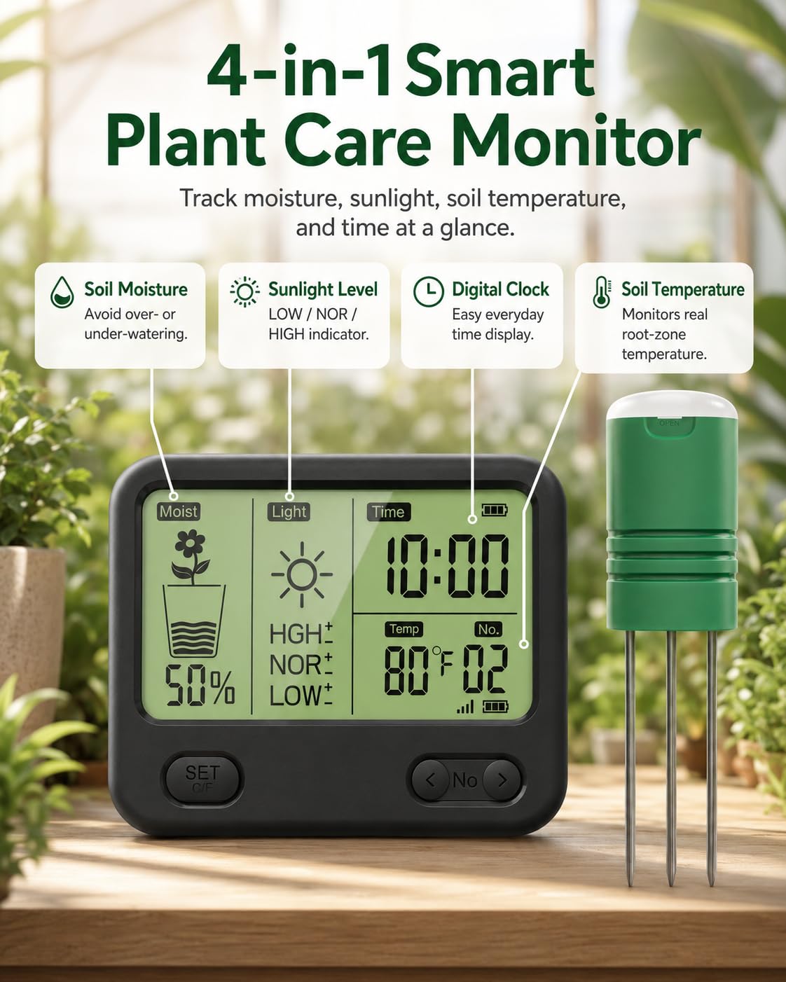 Pflanzenboden-Feuchtigkeitsmesser mit 70 m RF kabellos, wasserdicht und LCD-Display für Feuchtigkeit, Temperatur, Sonnenlicht, Zeit, ideal für Garten, Bauernhof, Rasenpflege im Freien (4-in-1