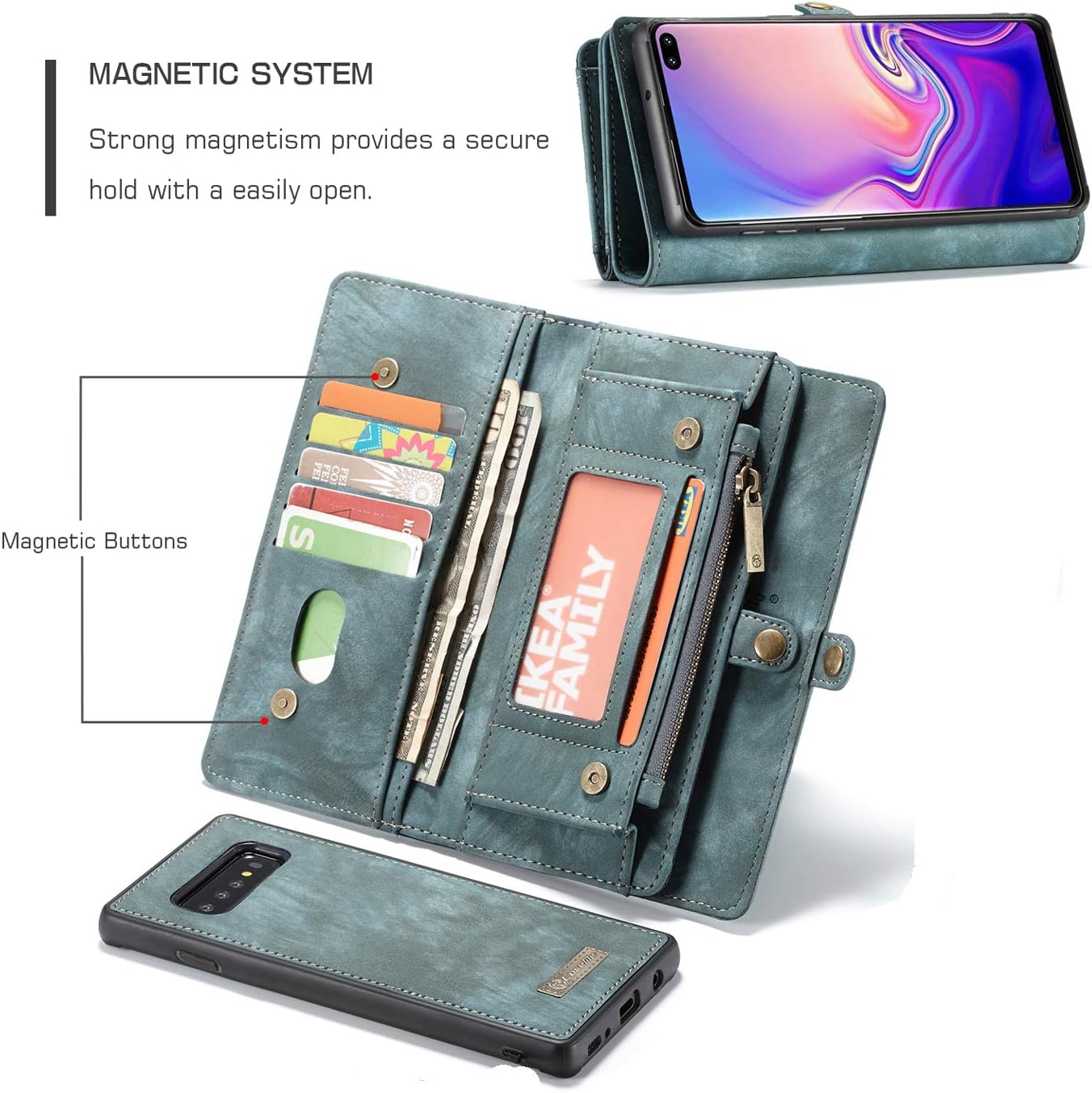 AKHVRS S10 5G Wallet Case,Handmade Premium Cowhide Leather Wallet Case,Zipper Wallet Case [Magnetic Closure] Detachable Magnetic Case & Card Slots for Samsung Galaxy S10 5G 6.7 inch Blue