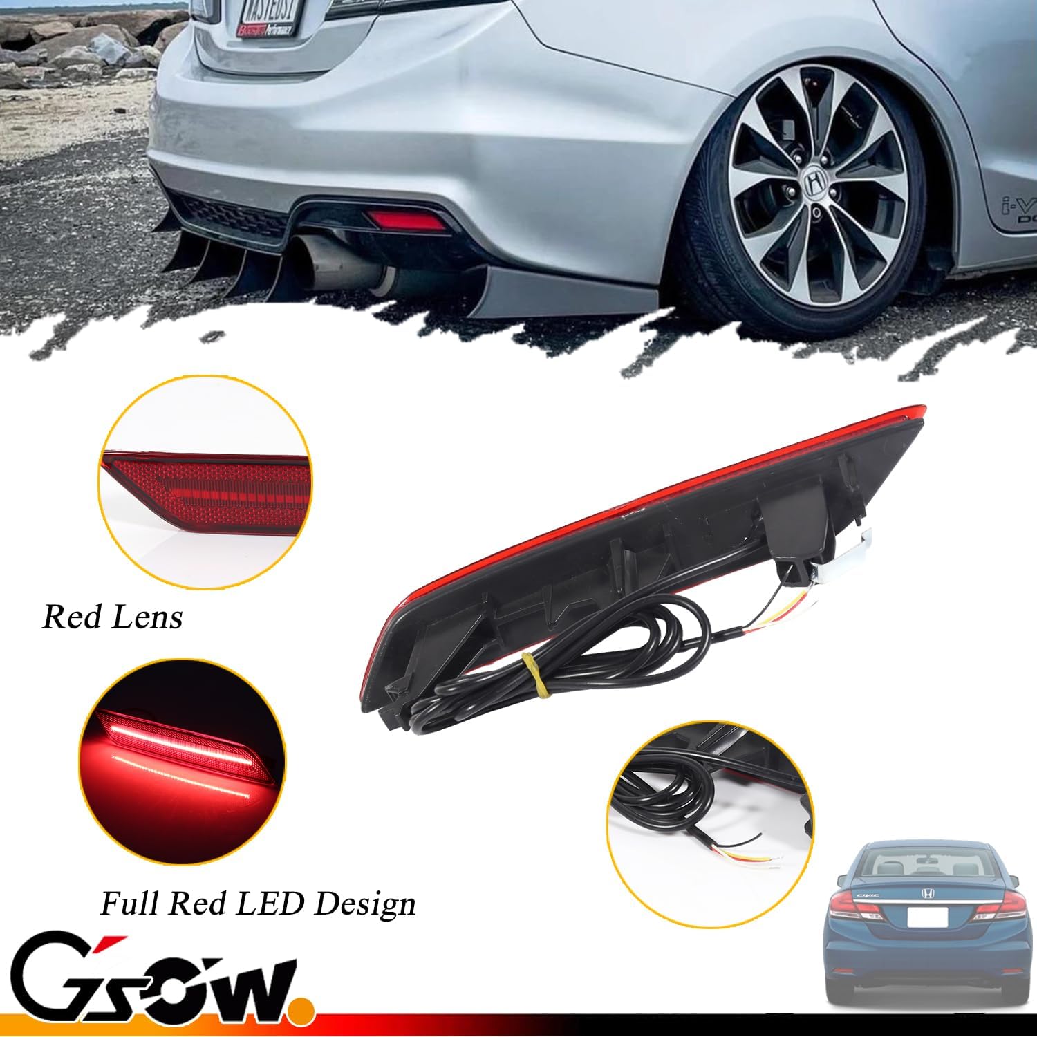 2 PCS [Sequential] LED Bumper Reflector Brake Tail Turn Signal Lights for 2013-2015 Hon-da Civic Sedan, Sequential Tail & Rear Side Indicator Fender Lamp, Civic Sedan Accessories - Red Lens