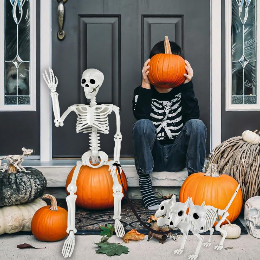 JOLCEEY 1 scheletro mobile per Halloween, 90 cm, realistico, ossa di scheletro umano, articolazioni mobili per tutto il corpo, con scheletro di cane a 3 teste, per oggetti di scena di Halloween