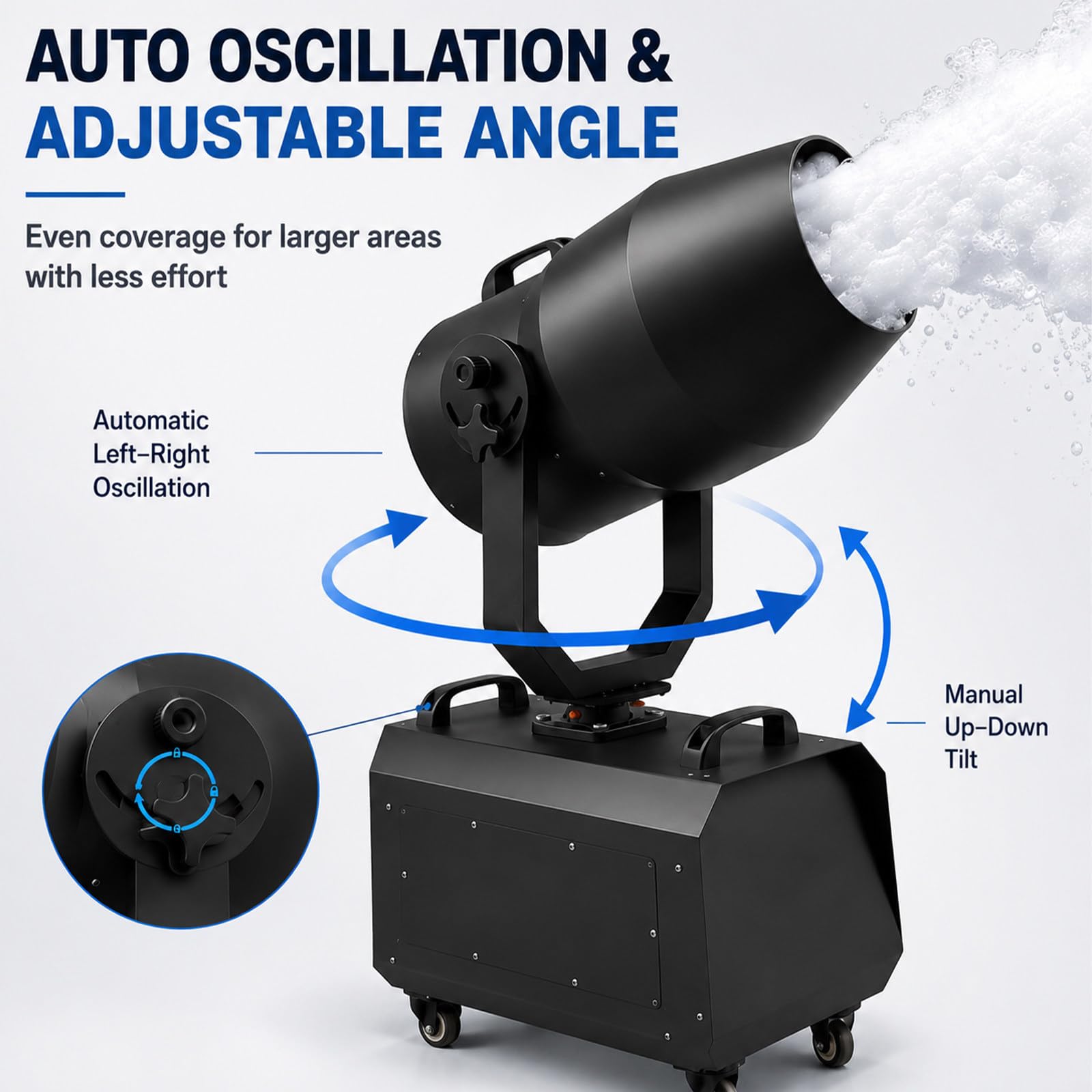 Macchina per Schiuma da 2000 W per Feste ed Effetti scenici all'aperto; generatore di Schiuma oscillante con Una gittata Fino a 8 m e Una Copertura di 80 m². Woodenframepackaging