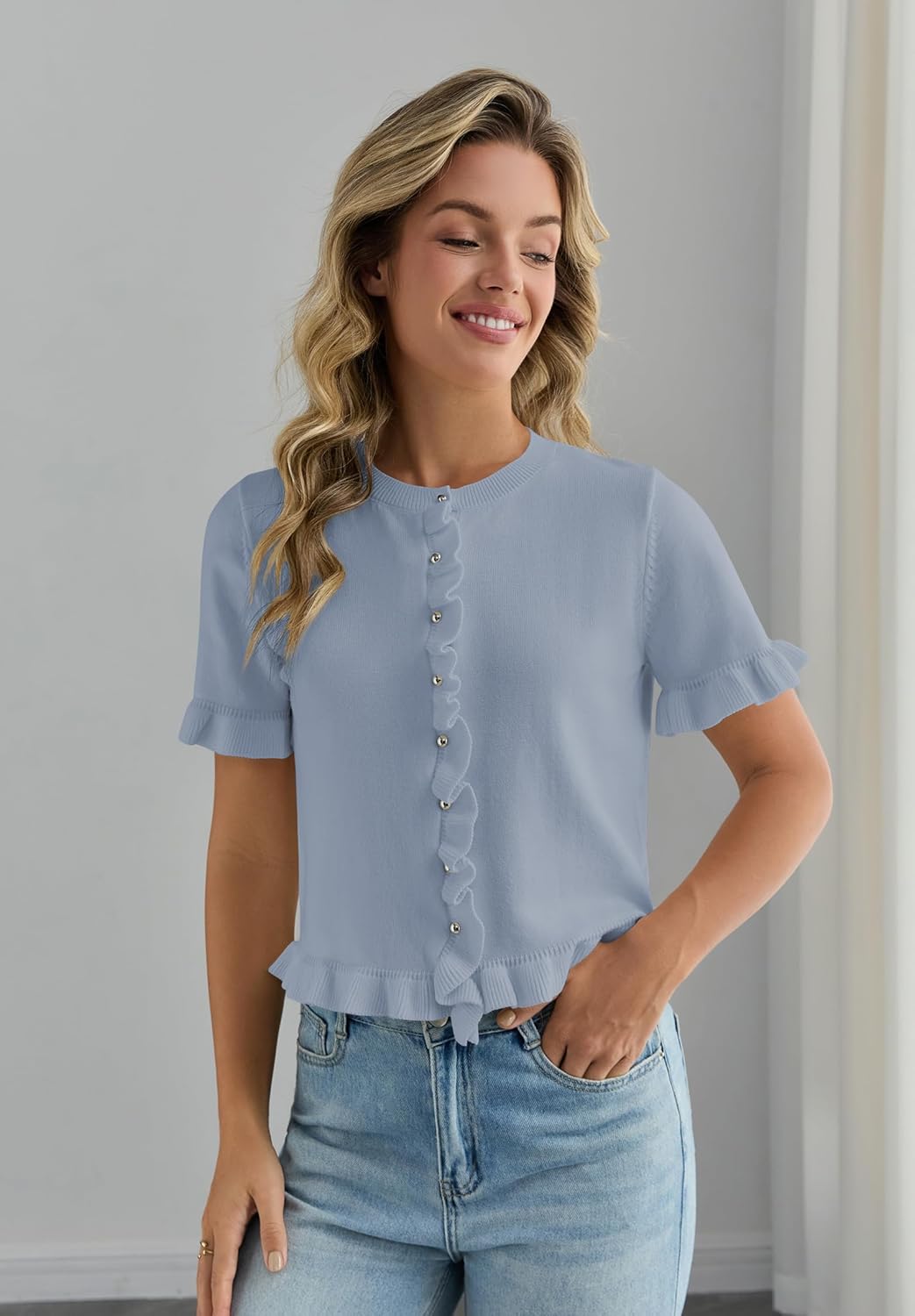 Balimtoy Womens Short Sleeve Sweater Summer Button Down Ruffle Hem Knit Tops Cropped Scalloped Cardigan Shirt - Image 5