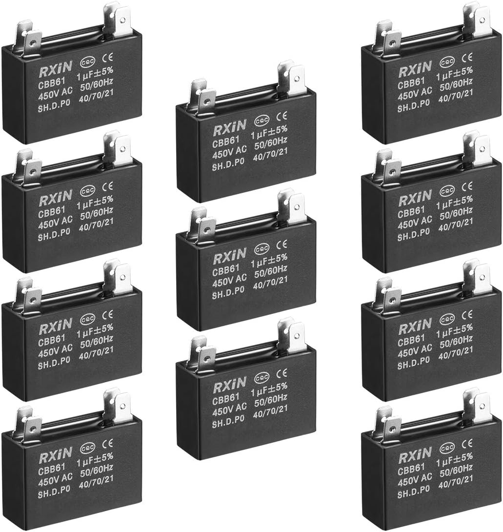 uxcell Ceiling Fan Capacitor CBB61 1uF 450V AC Double Insert Metalized Polypropylene Film Capacitors 36.5x11x24.5mm for Water Pump Motor Generator, Pack of 10