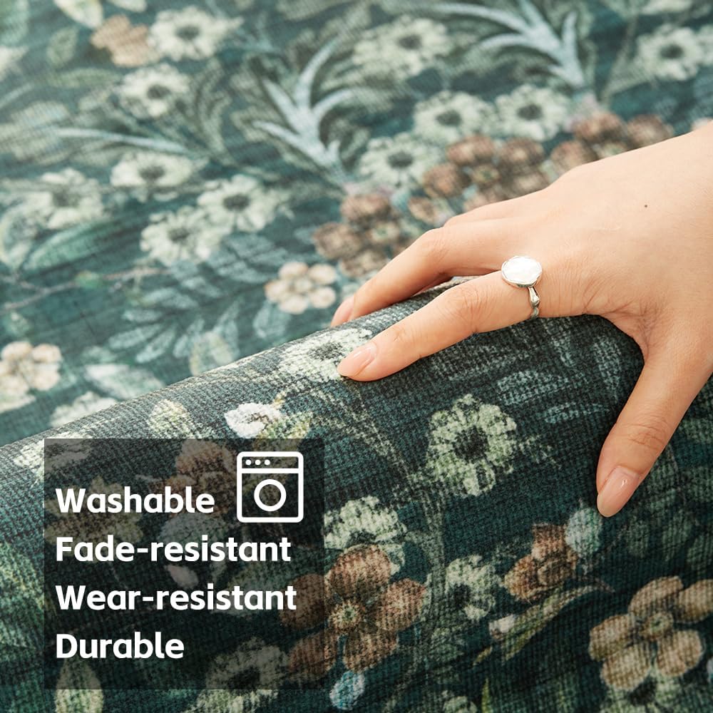 4x6 Dark Green Area Rugs for Living Room, Floral Washable Rug Vintage Large Soft Boho Non-Slip Carpet Indoor Floor Stain Resistant Carpets for Bedroom Dining Room Farmhouse Nursery Home Office