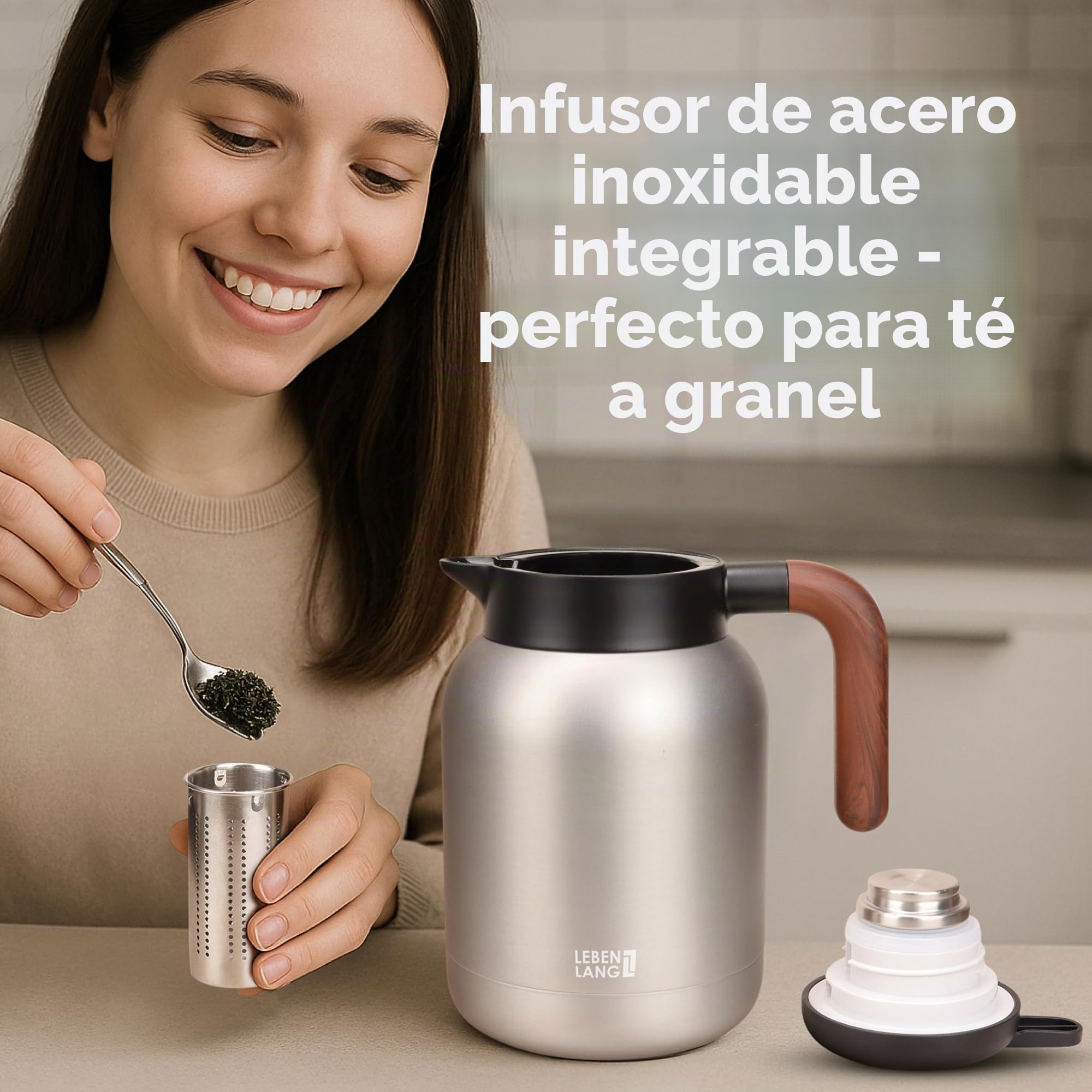 LEBENLANG Termo para cafe 1,5 l Gris - Revestimiento cerámico & sin BPA I Mantiene el calor durante 24 horas & incl. colador de té I Termos agua caliente Thermos café acero