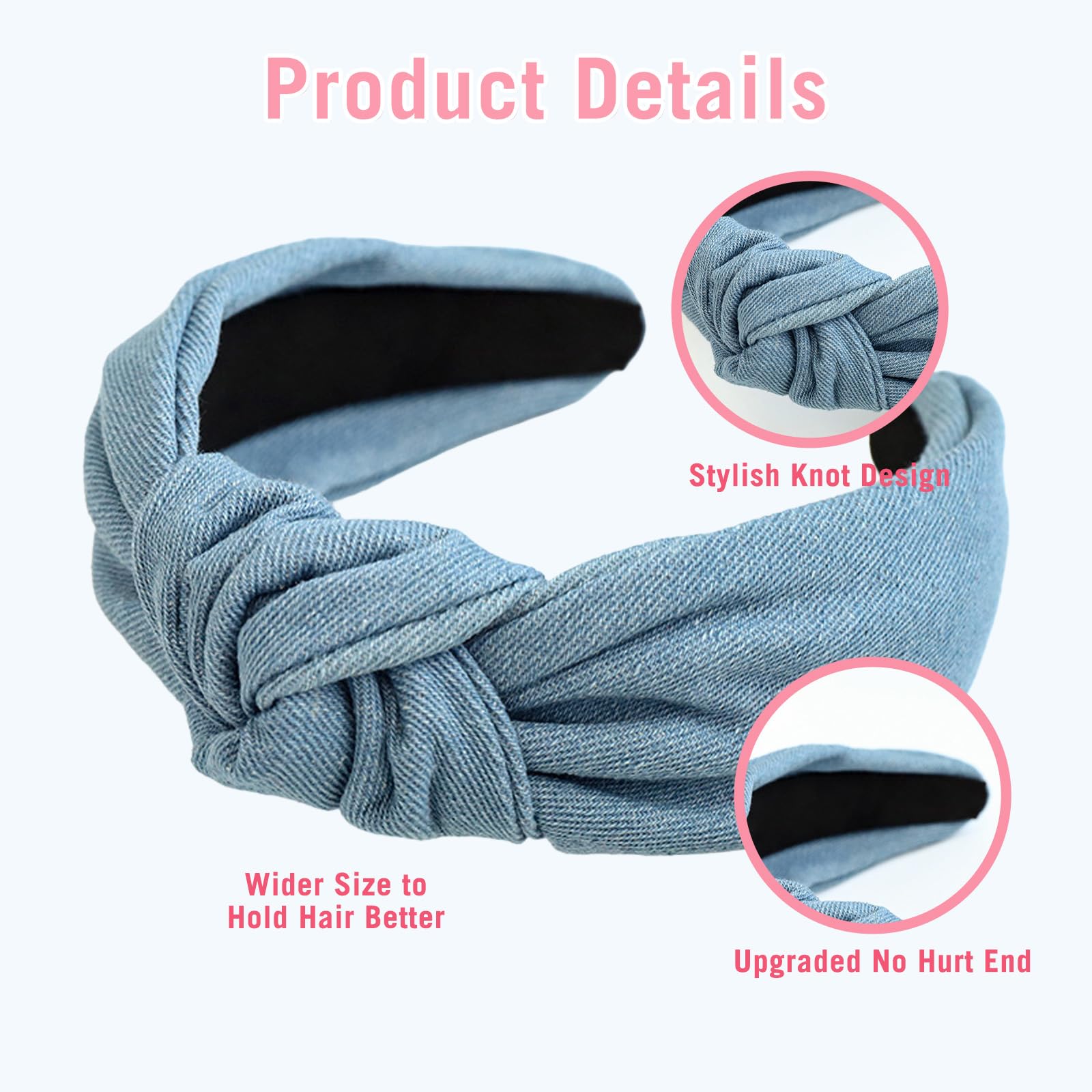2Pcs Vintage Denim Knot Headbands Non-Slip Wide Hairbands Cross Knotted Head Wear Hair Accessories(Dark Blue + Light Blue) - Image 3