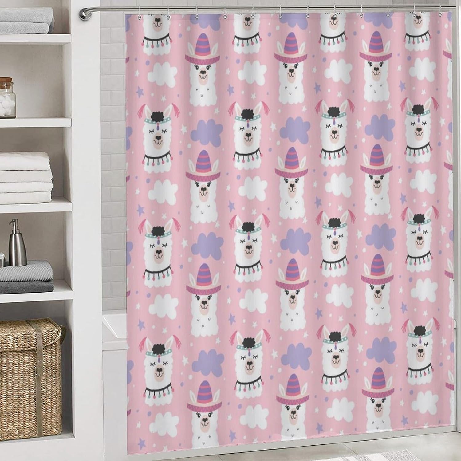 Cute Cartoon Llamas-Alpaca Bathroom Set with Shower Curtain Rugs Toilet Lid Cover and Floor Mats 4 Piece