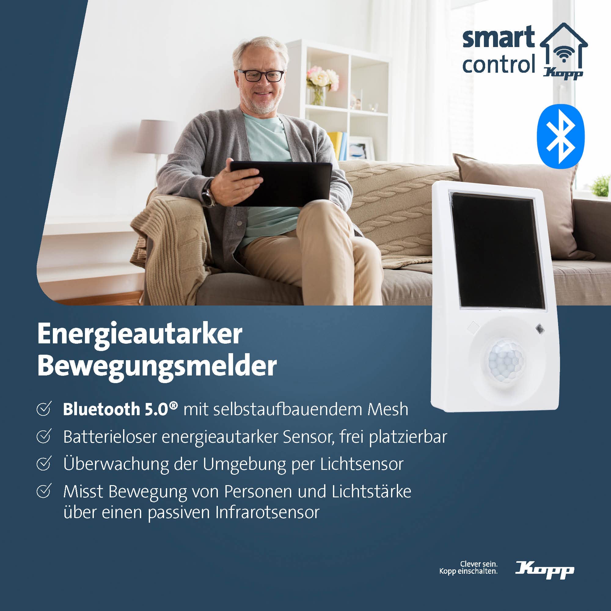 Kopp Smart-Control Energieautarker Bluetooth-Bewegungsmelder, mit passivem Infrarot-Sensor zur Bewegungs- und Helligkeitserkennung, Smart-Home, 833902014