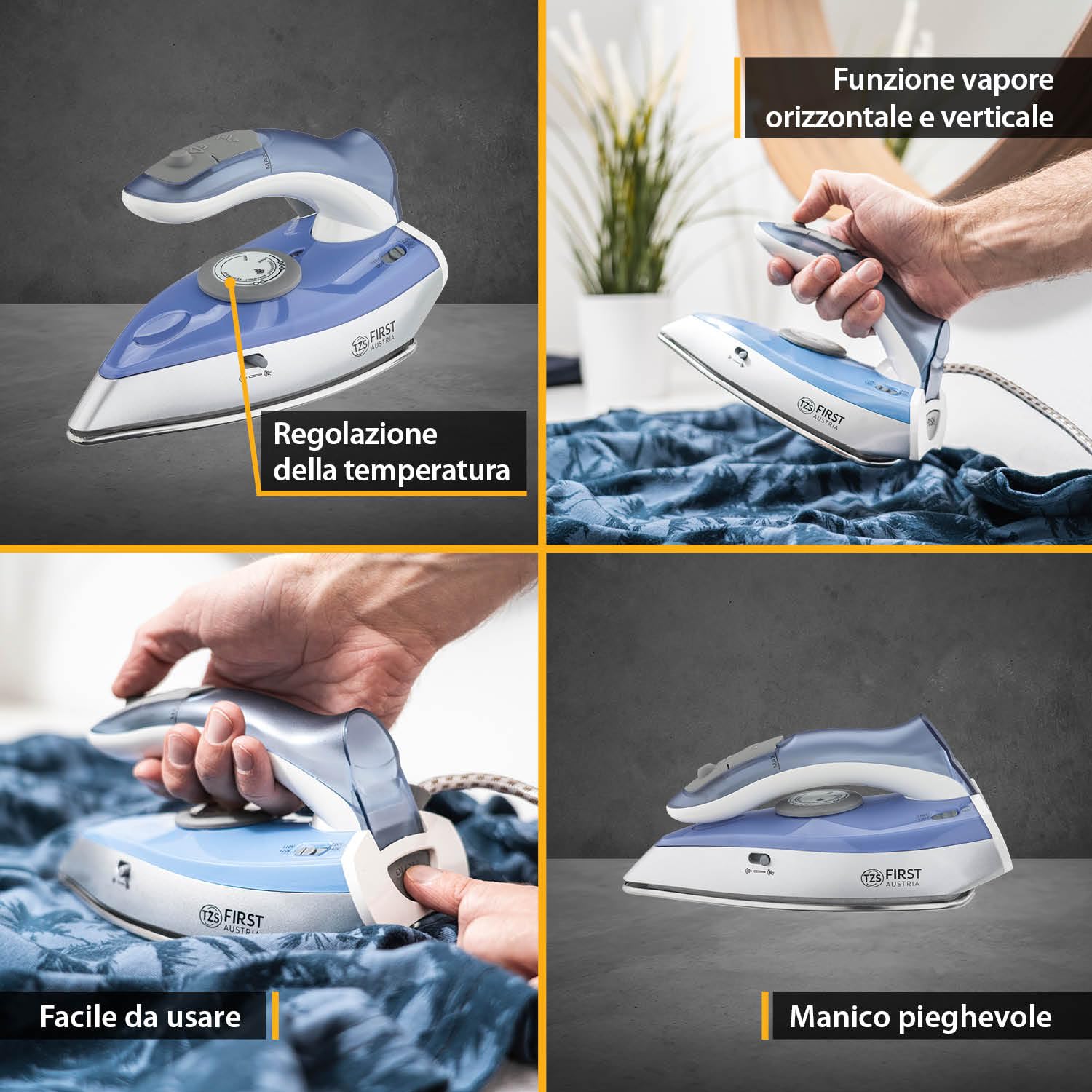 TZS First Austria ferro da stiro da viaggio pieghevole, 750g, vapore verticale, 110V/240V, regolazione temperatura, kit accessori, piastra inox