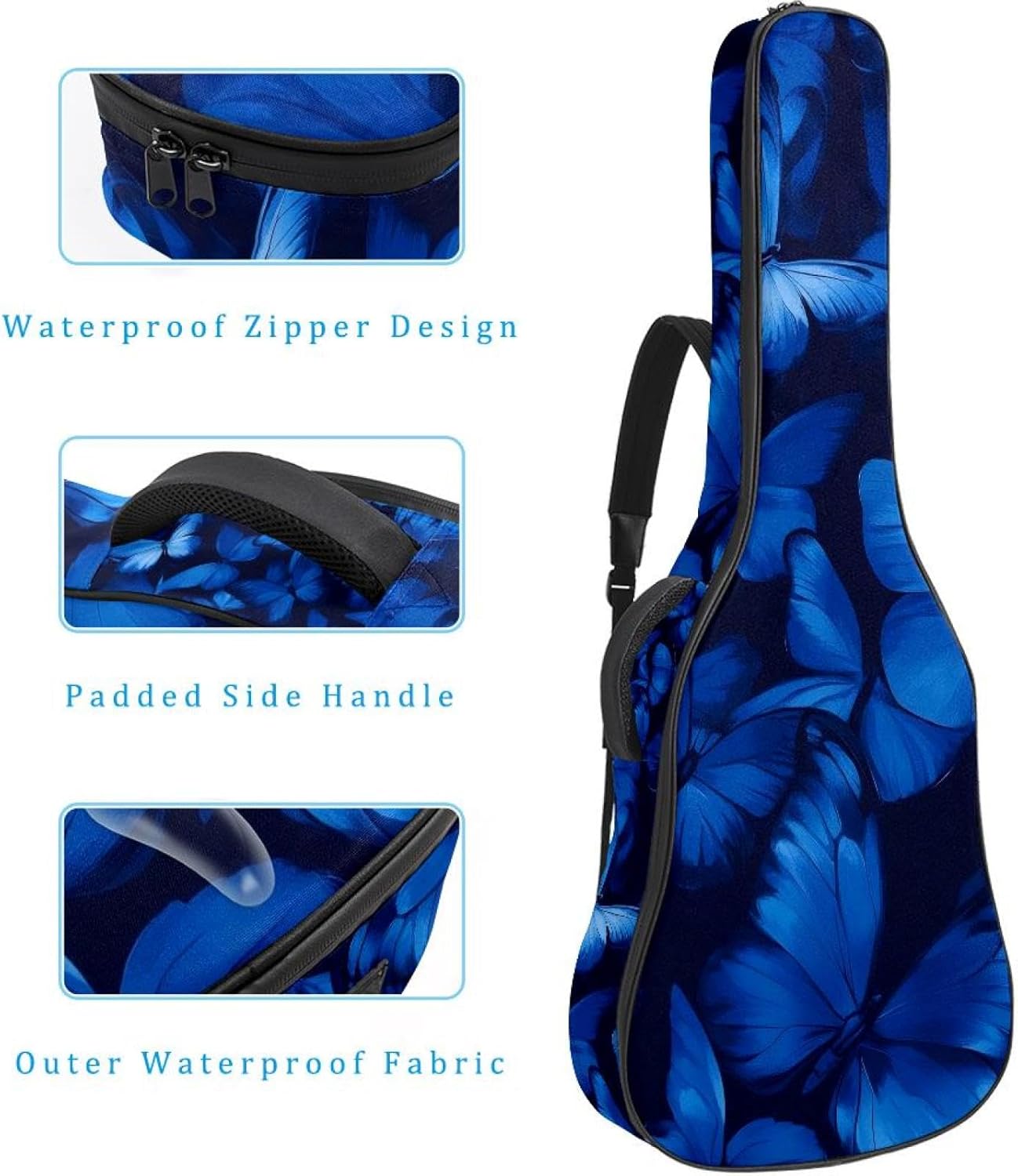 Aesthtetic Butterflies Blue Colors Acoustic Guitar Gig Bag, 1 cm Thick Padding Waterproof Guitar Bag Backpack for 40 41 42 Inch Electric Bass Classical Guitars