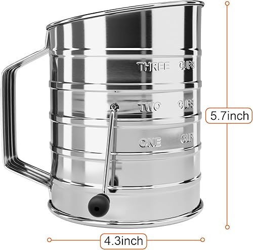 Miniatura 7 de HULISEN Tamiz de harina de 3 tazas para hornear, tamiz de manivela giratorio de acero inoxidable, agitador de azúcar en polvo y cacao