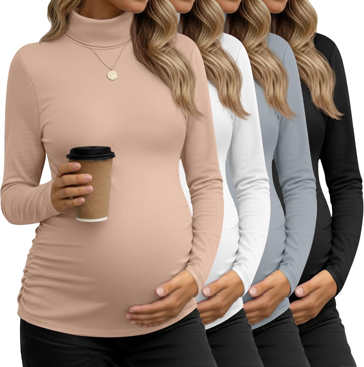 4 Pack Women's Maternity Shirts, Turtleneck Long Sleeve Pregnancy Tee Tops Side Ruc...